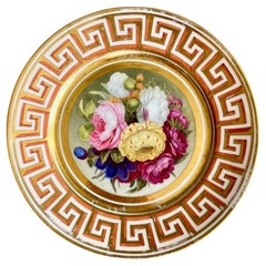 Coalport John Rose Plate, Greek Keys, Flowers by Thomas Baxter, ca 1805