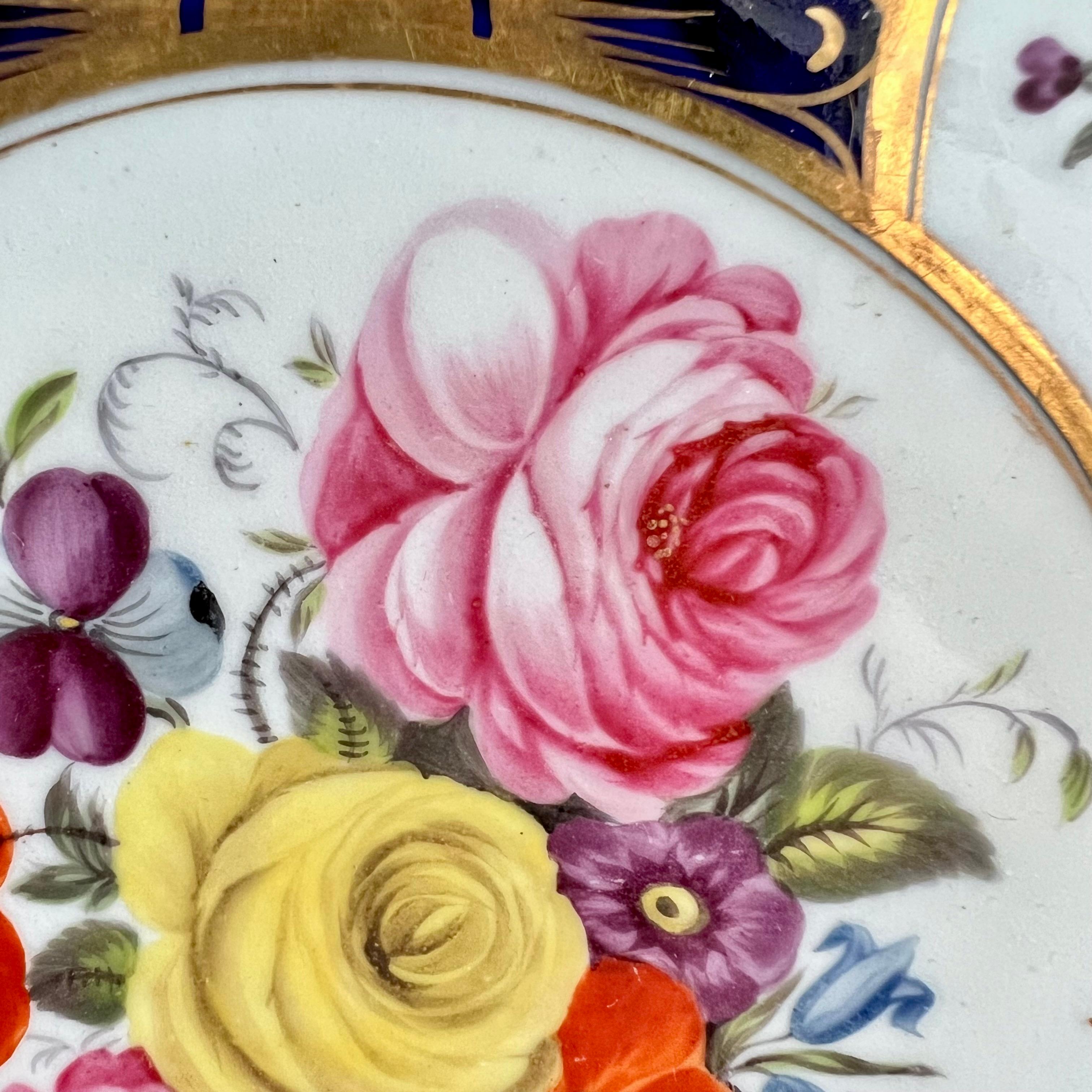 English Coalport John Rose Porcelain Plate, Cobalt Blue and Flowers, ca 1805