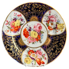 Antique Coalport John Rose Porcelain Plate, Cobalt Blue and Flowers, ca 1805