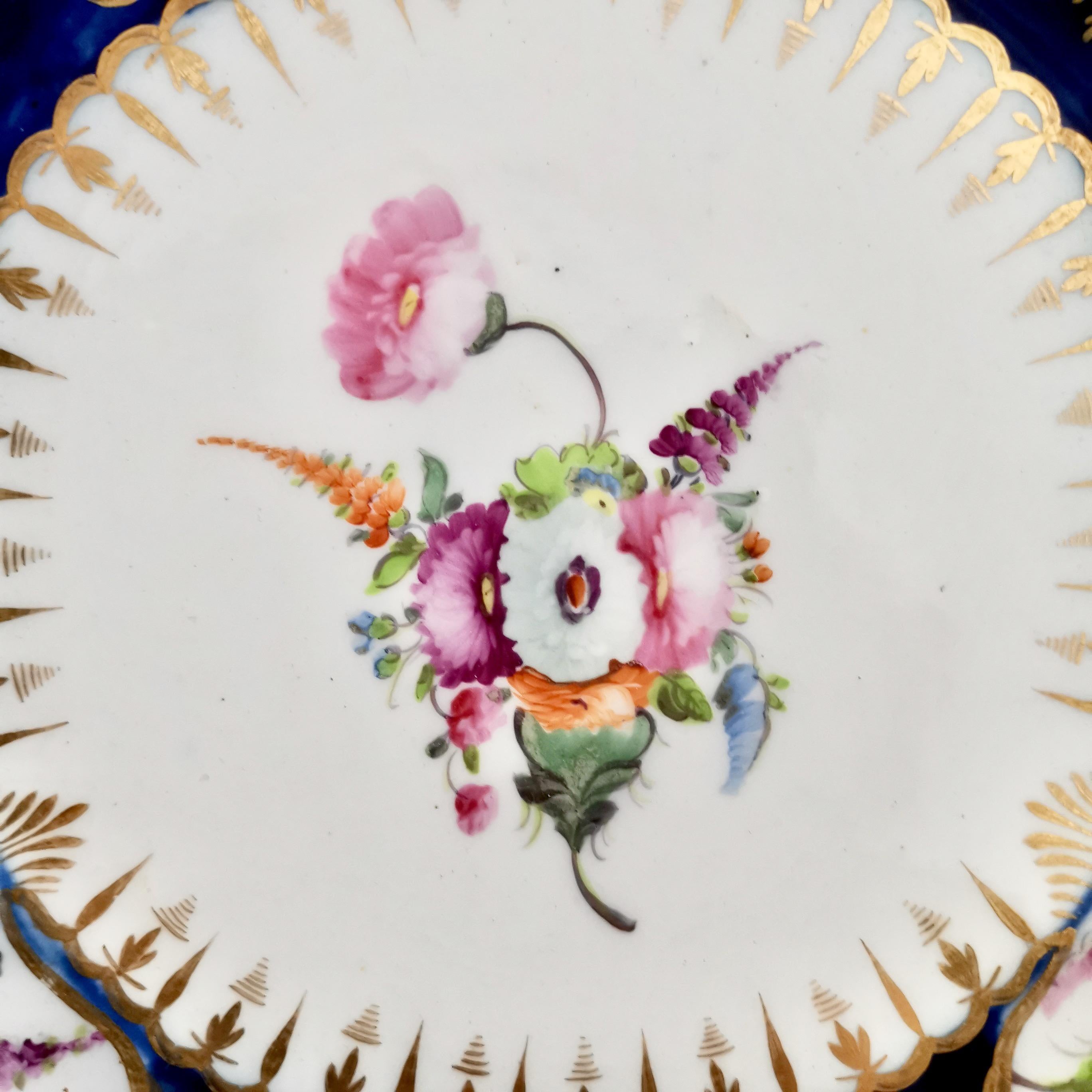 English Coalport John Rose Porcelain Plate, Cobalt Blue, Gilt, Flowers, Georgian