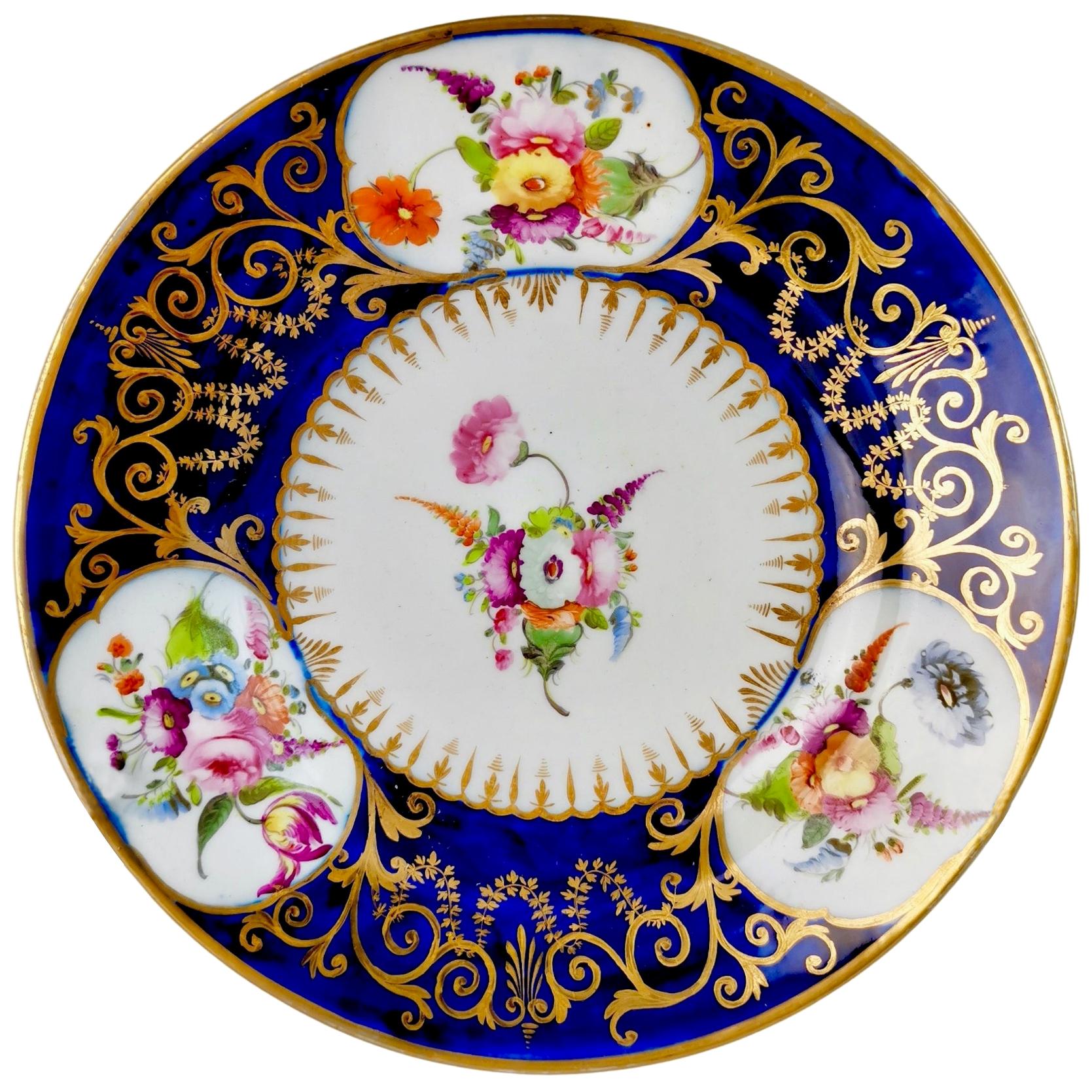 Coalport John Rose Porcelain Plate, Cobalt Blue, Gilt, Flowers, Georgian