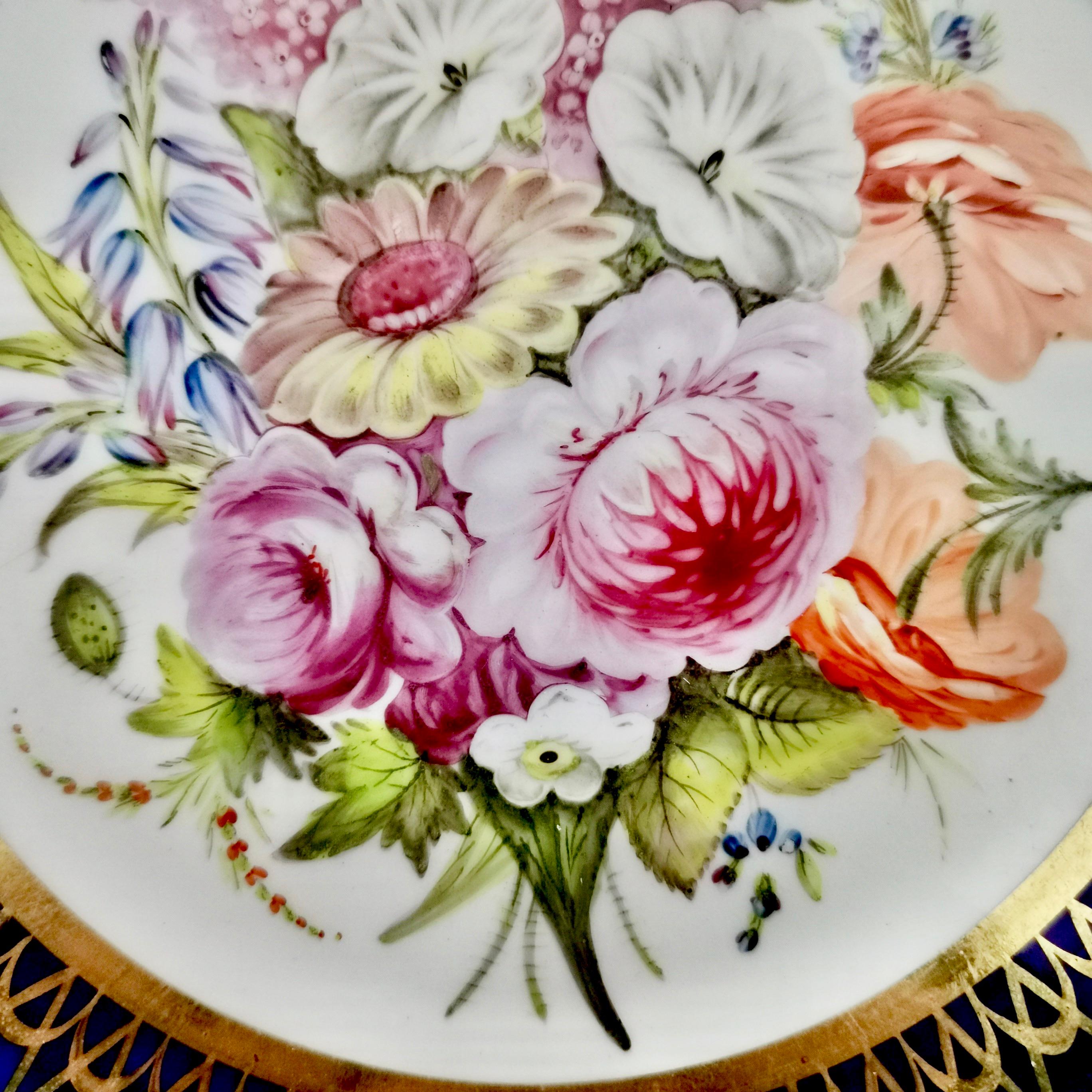 English Coalport John Rose Porcelain Plate, Cobalt Blue and Flowers, Regency 1805-1810