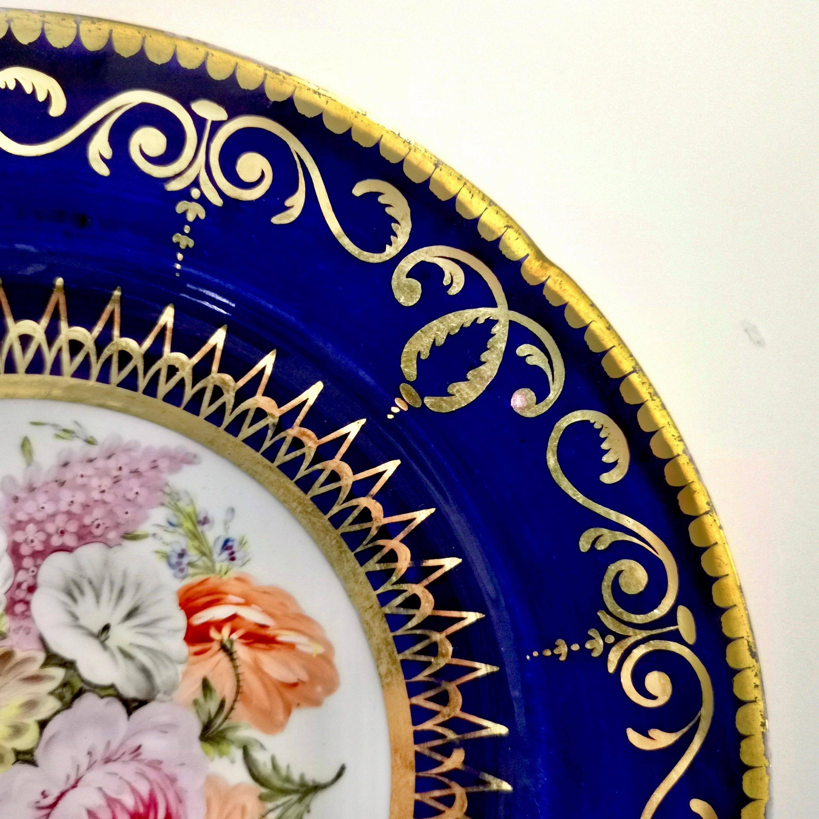 Hand-Painted Coalport John Rose Porcelain Plate, Cobalt Blue and Flowers, Regency 1805-1810