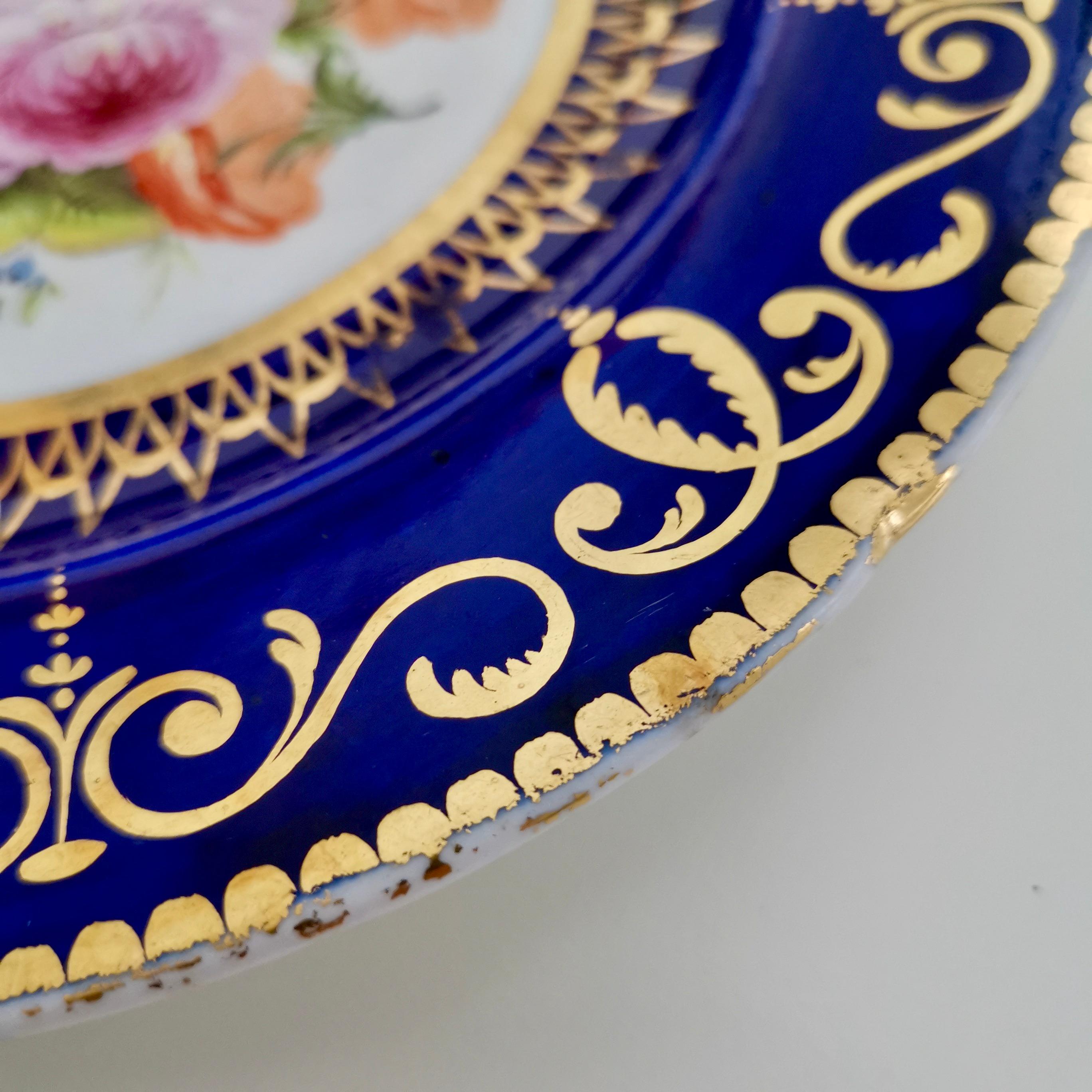 Early 19th Century Coalport John Rose Porcelain Plate, Cobalt Blue and Flowers, Regency 1805-1810