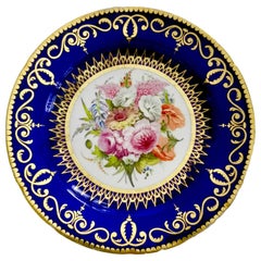 Antique Coalport John Rose Porcelain Plate, Cobalt Blue and Flowers, Regency 1805-1810