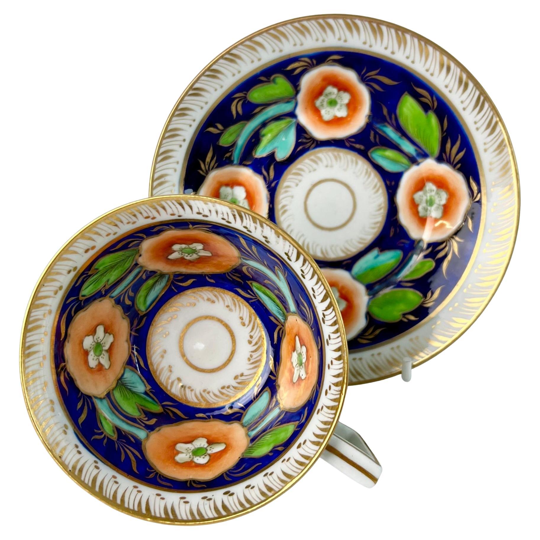 Coalport John Rose Teacup, Cobalt Blue and Orange Flowers, Regency Ca 1810