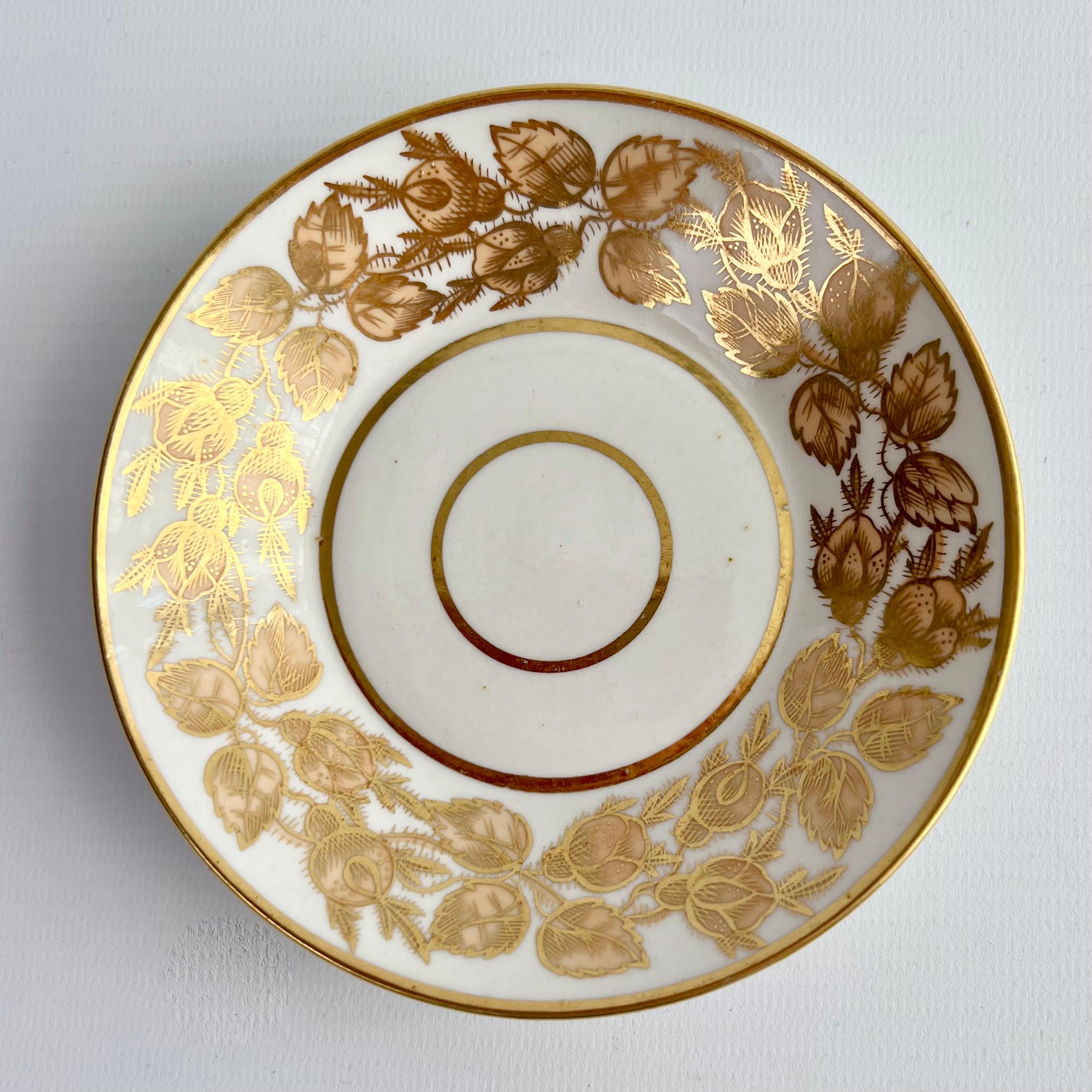 English Coalport John Rose Teacup Trio, Gilt Briar Pattern on Bucket Shape, ca 1810
