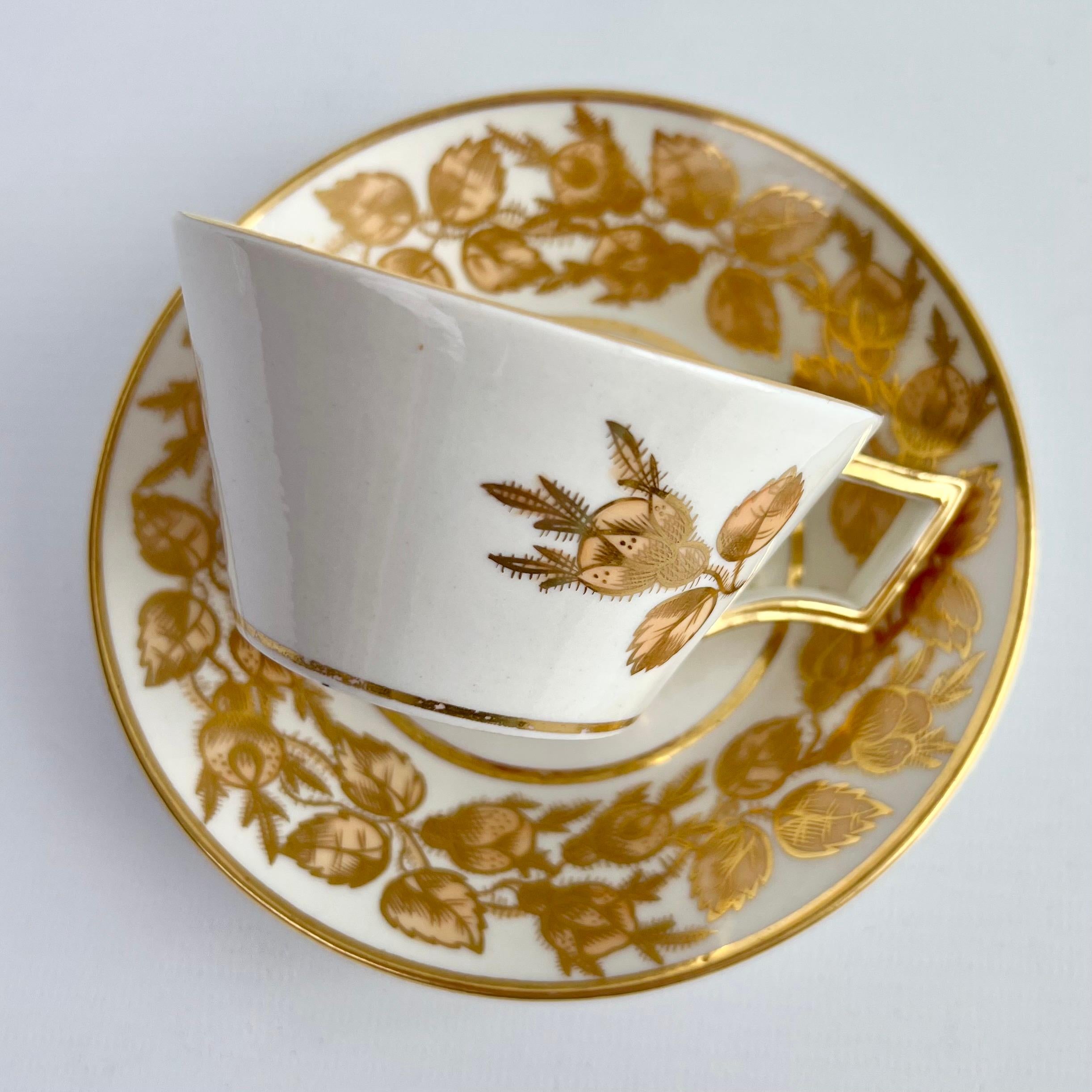 Early 19th Century Coalport John Rose Teacup Trio, Gilt Briar Pattern on Bucket Shape, ca 1810