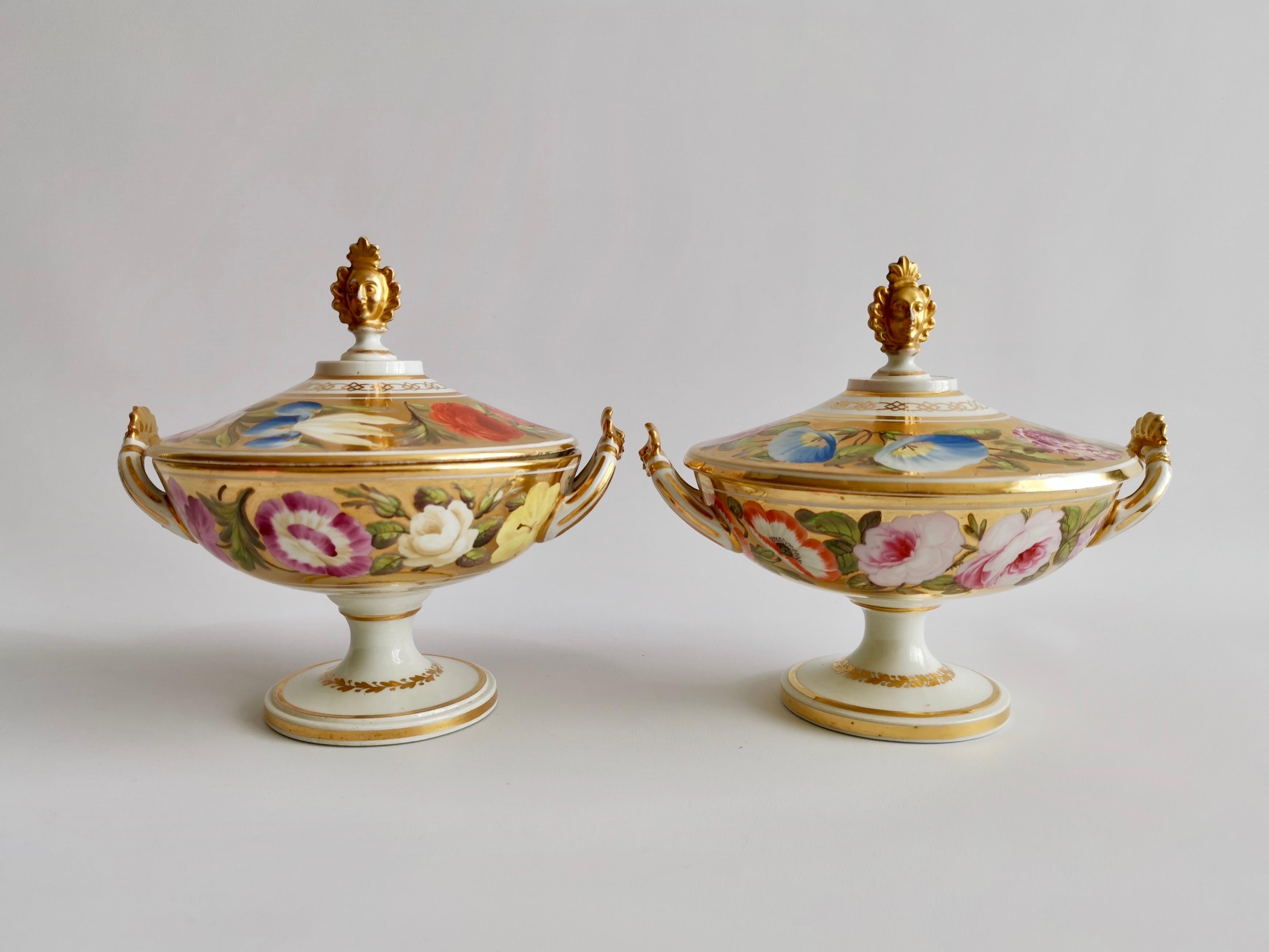 Regency Coalport Pair of Floral Gilded Sauce Tureens, Marquess of Anglesey, circa 1820 For Sale