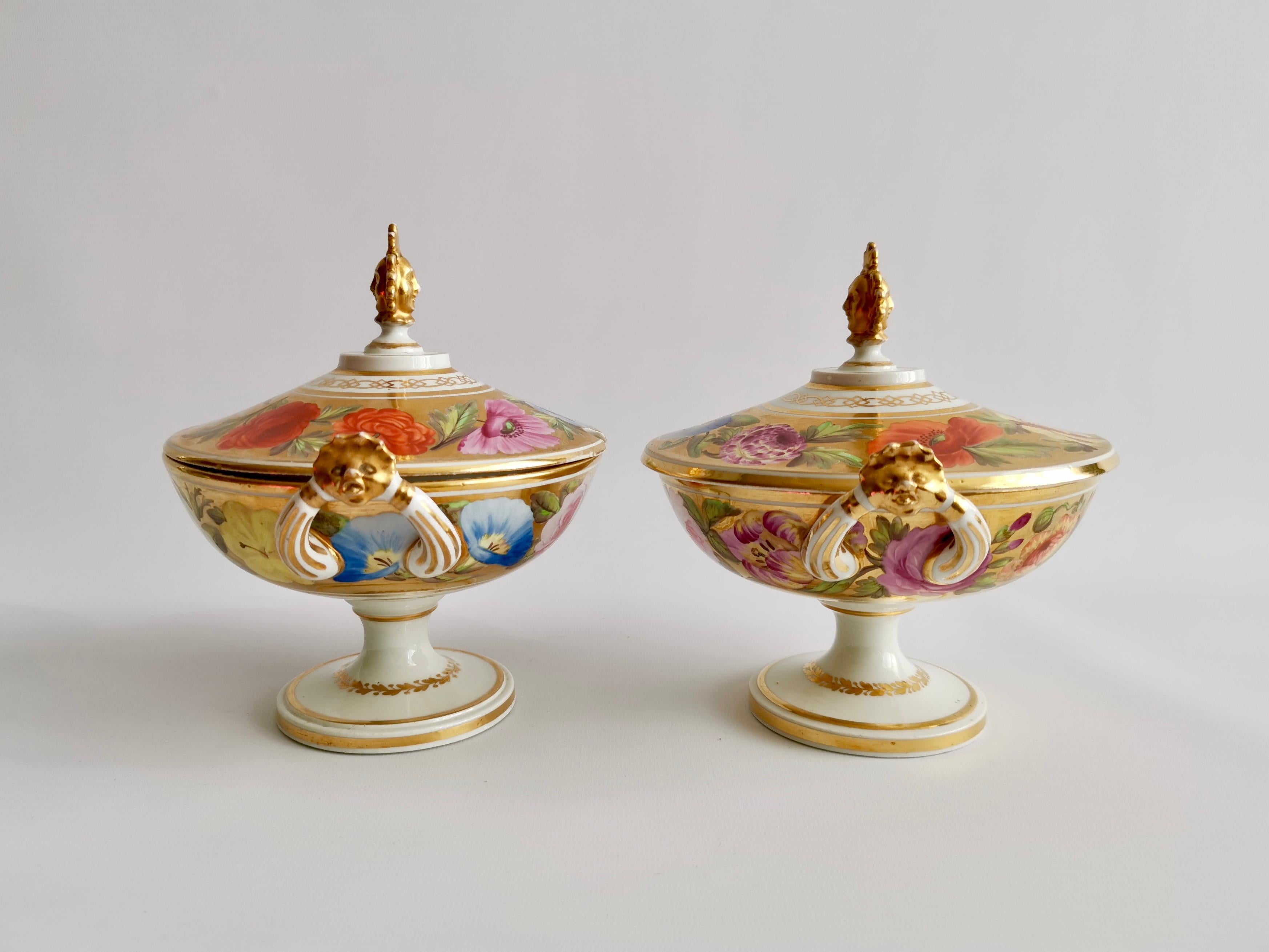 English Coalport Pair of Floral Gilded Sauce Tureens, Marquess of Anglesey, circa 1820 For Sale