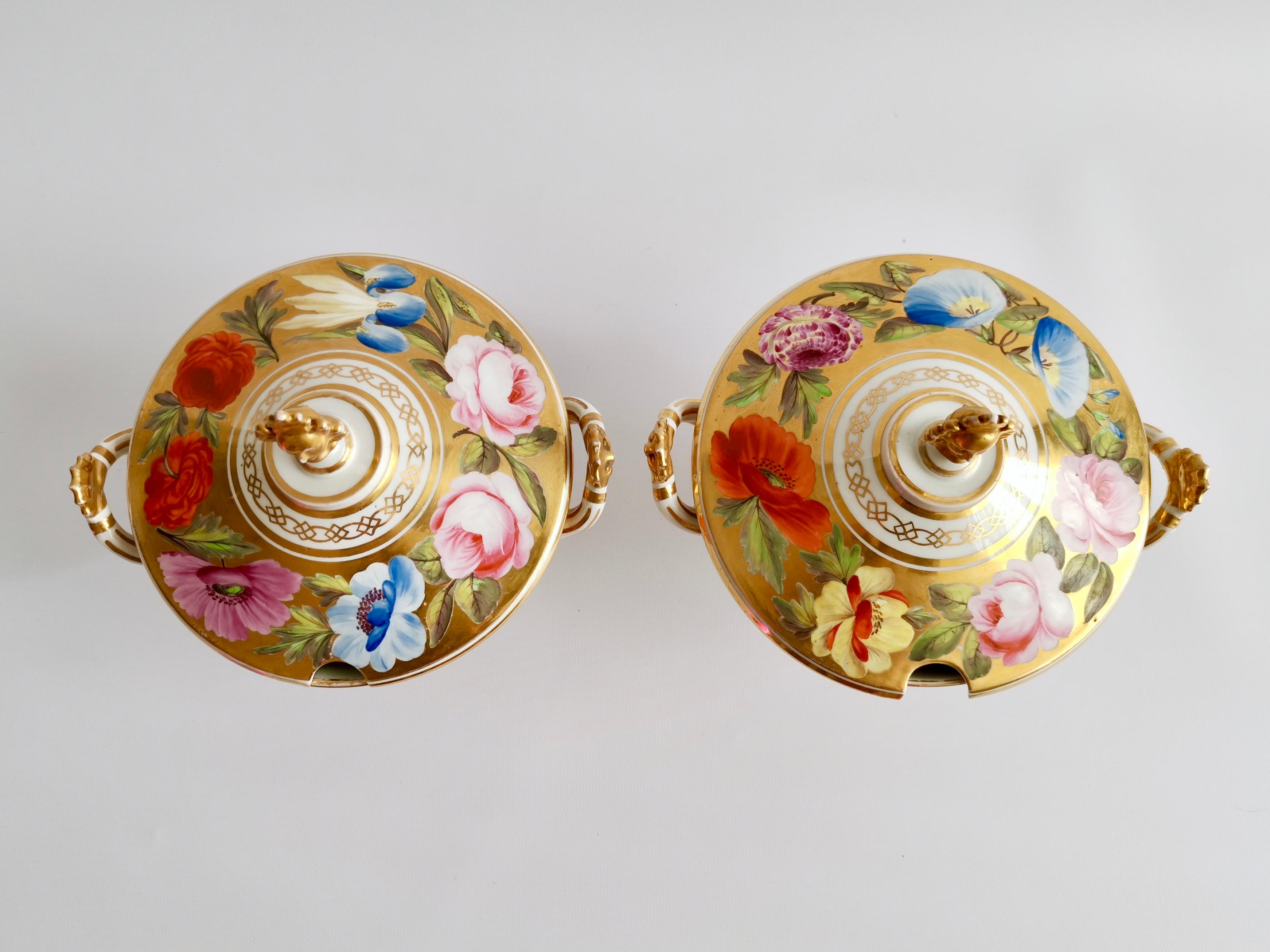 Hand-Painted Coalport Pair of Floral Gilded Sauce Tureens, Marquess of Anglesey, circa 1820 For Sale