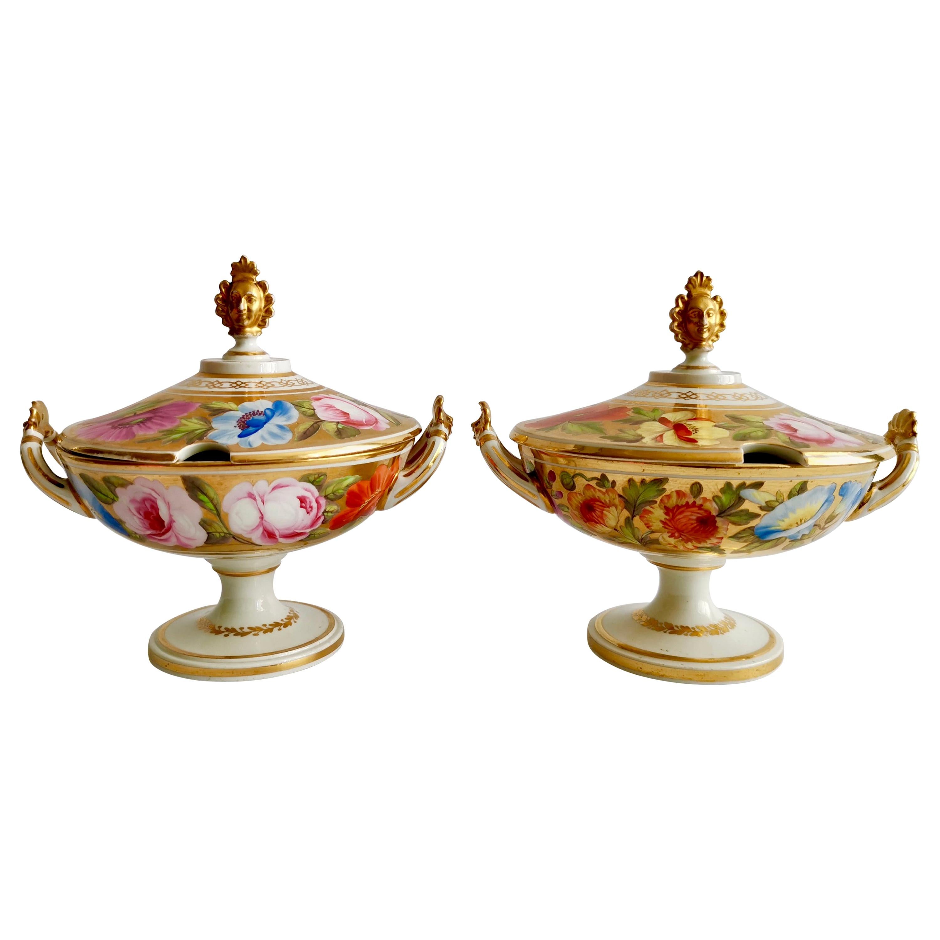 Coalport Pair of Floral Gilded Sauce Tureens, Marquess of Anglesey, circa 1820 For Sale