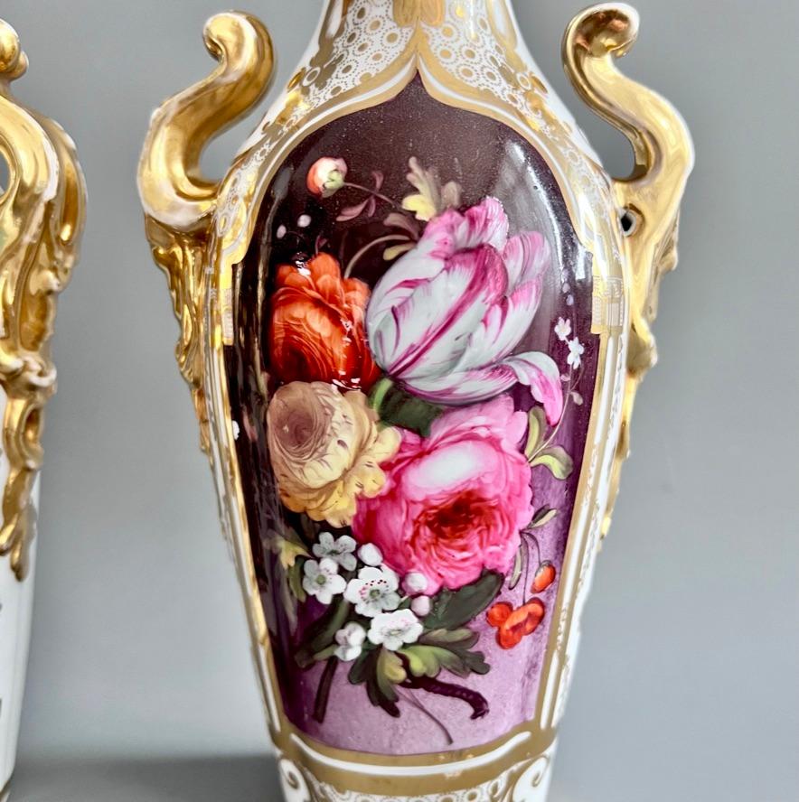 English Coalport Pair of Vases, Persian Revival Gilt with Puce Floral Reserves, ca 1845 For Sale