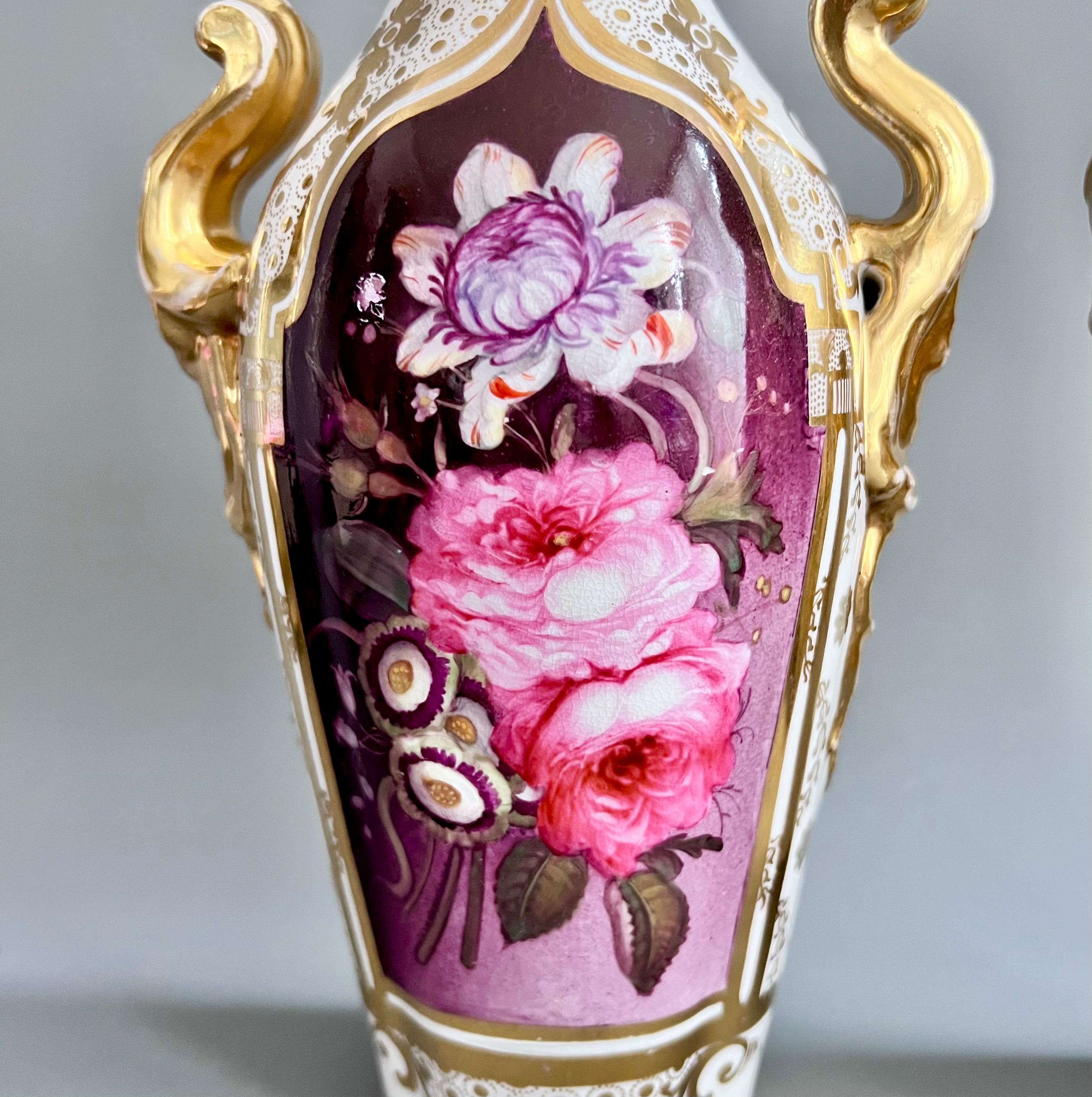 Hand-Painted Coalport Pair of Vases, Persian Revival Gilt with Puce Floral Reserves, ca 1845 For Sale