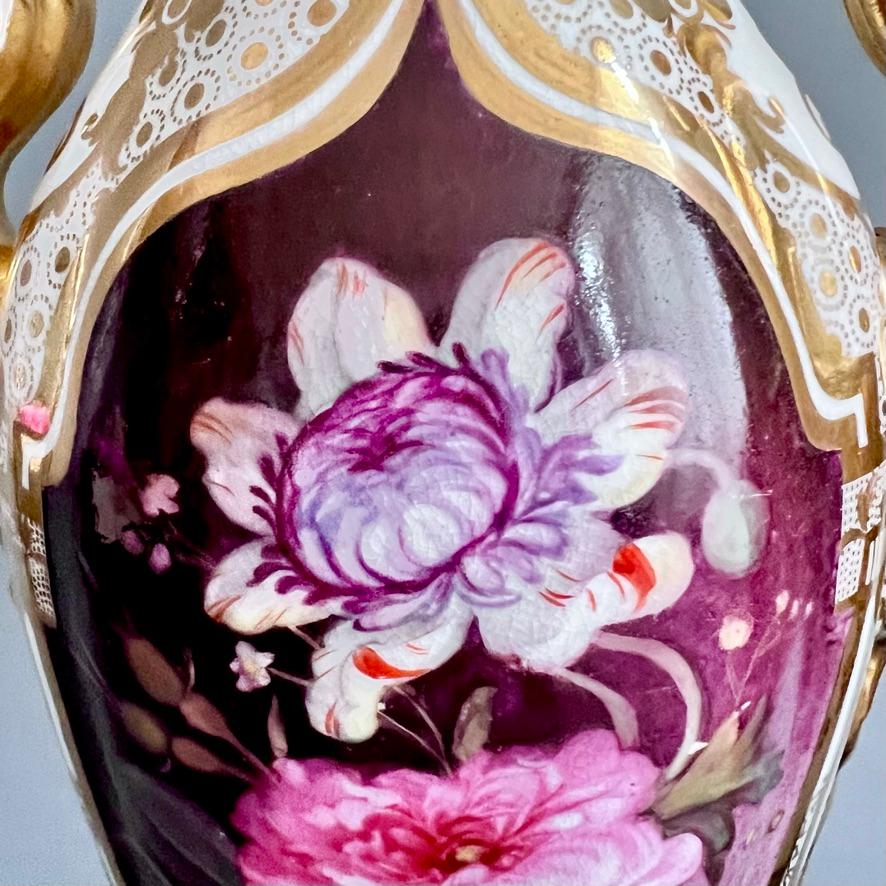 Mid-19th Century Coalport Pair of Vases, Persian Revival Gilt with Puce Floral Reserves, ca 1845 For Sale