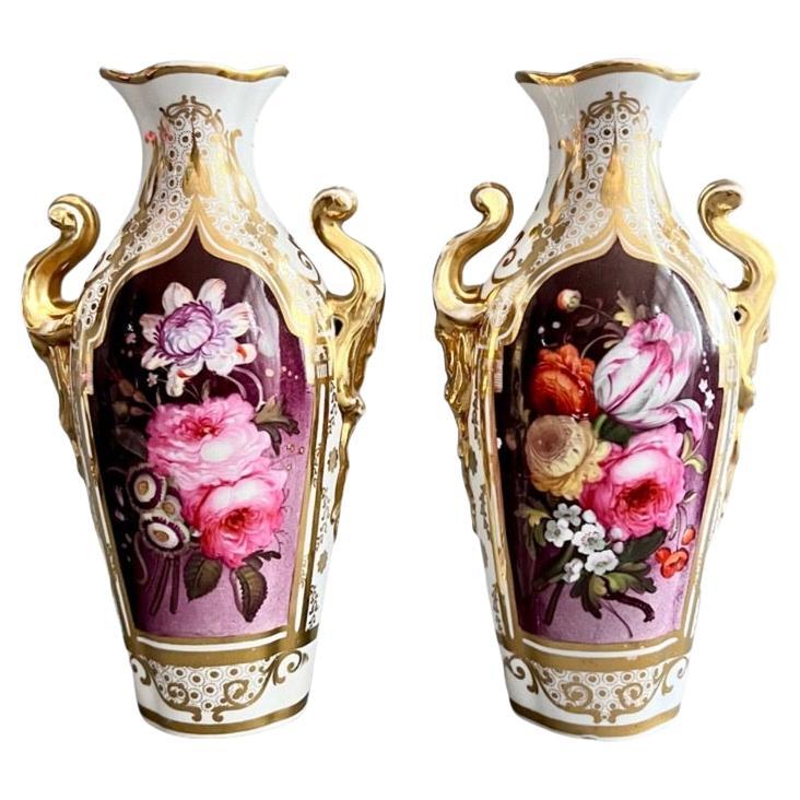 Coalport Pair of Vases, Persian Revival Gilt with Puce Floral Reserves, ca 1845 For Sale