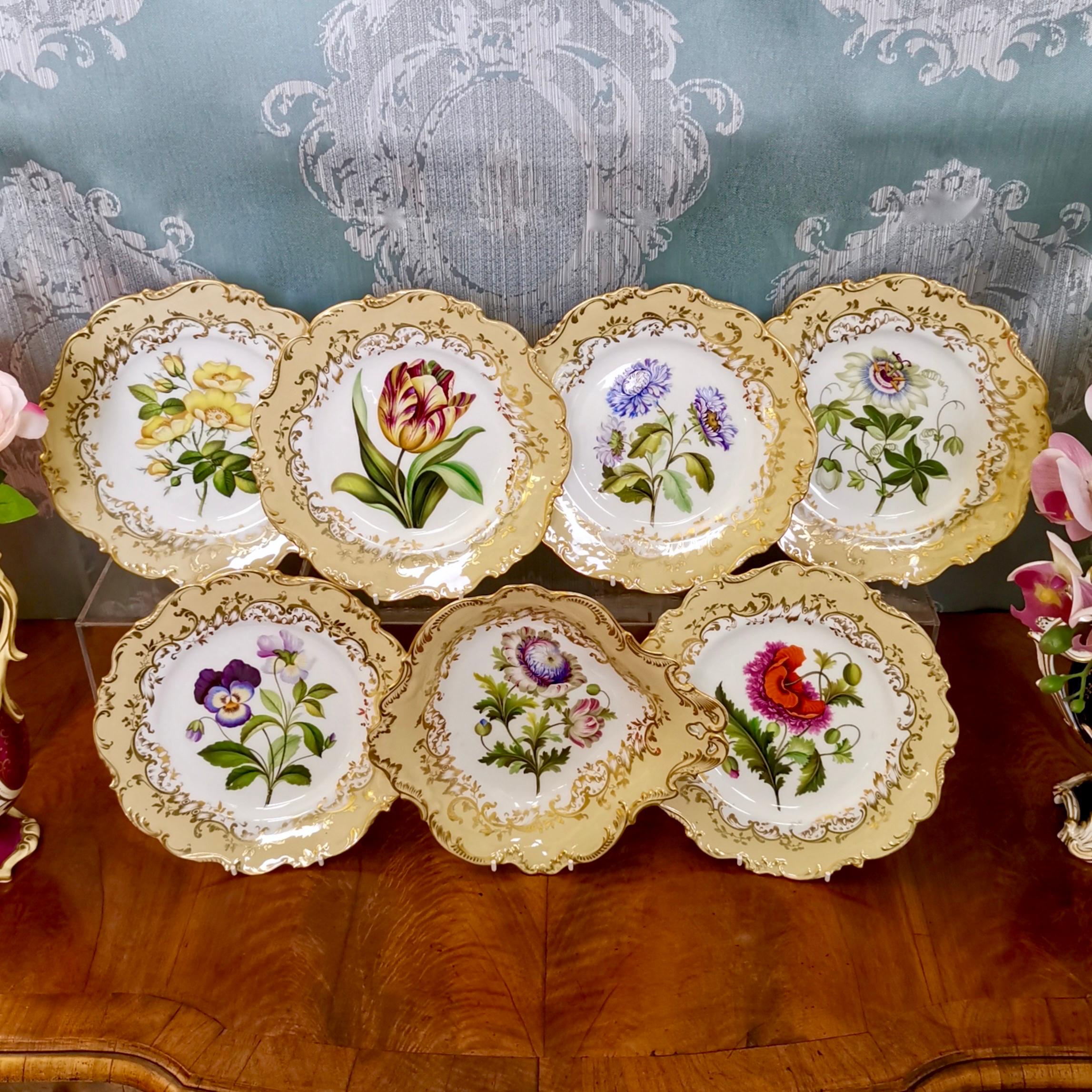 This is a stunning part dessert service made by Coalport in 1843. The original set would have consisted of many more items, but with six plates and one serving dish it is still a nice small dessert service. The items are decorated with stunning