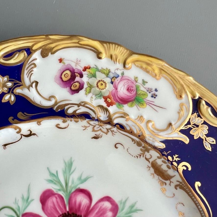 Plato Coalport, azul cobalto con ranúnculos rosas de Stephen Lawrance, 1840 Inglés en venta