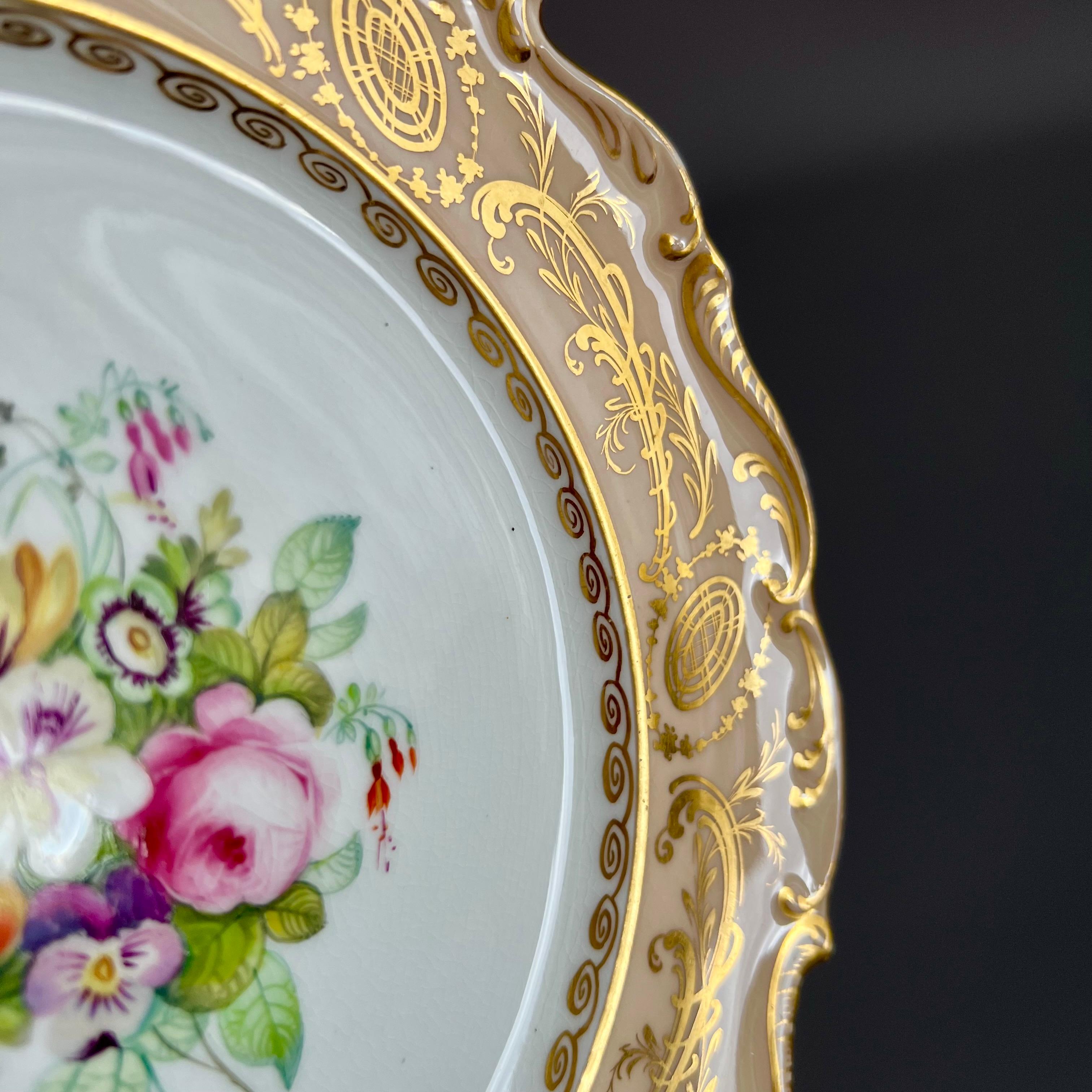 Regency Coalport Porcelain Plate, Salmon Colour, Flowers by Thomas Dixon, ca 1840