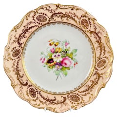 Coalport Porcelain Plate, Salmon Colour, Flowers by Thomas Dixon, ca 1840