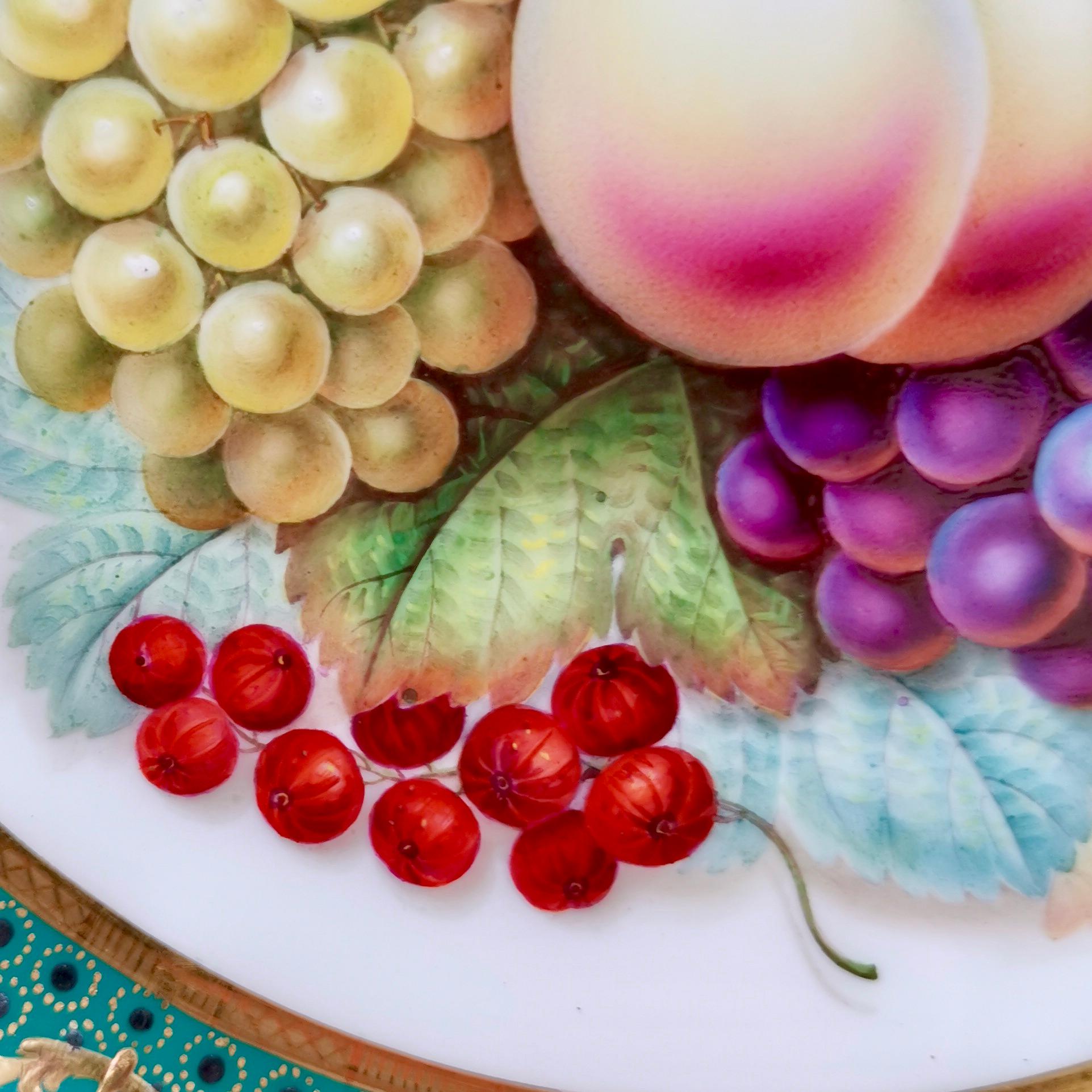 Victorian Coalport Porcelain Plate, Rose Du Barry Pink, Fruits by Jabey Aston, circa 1870