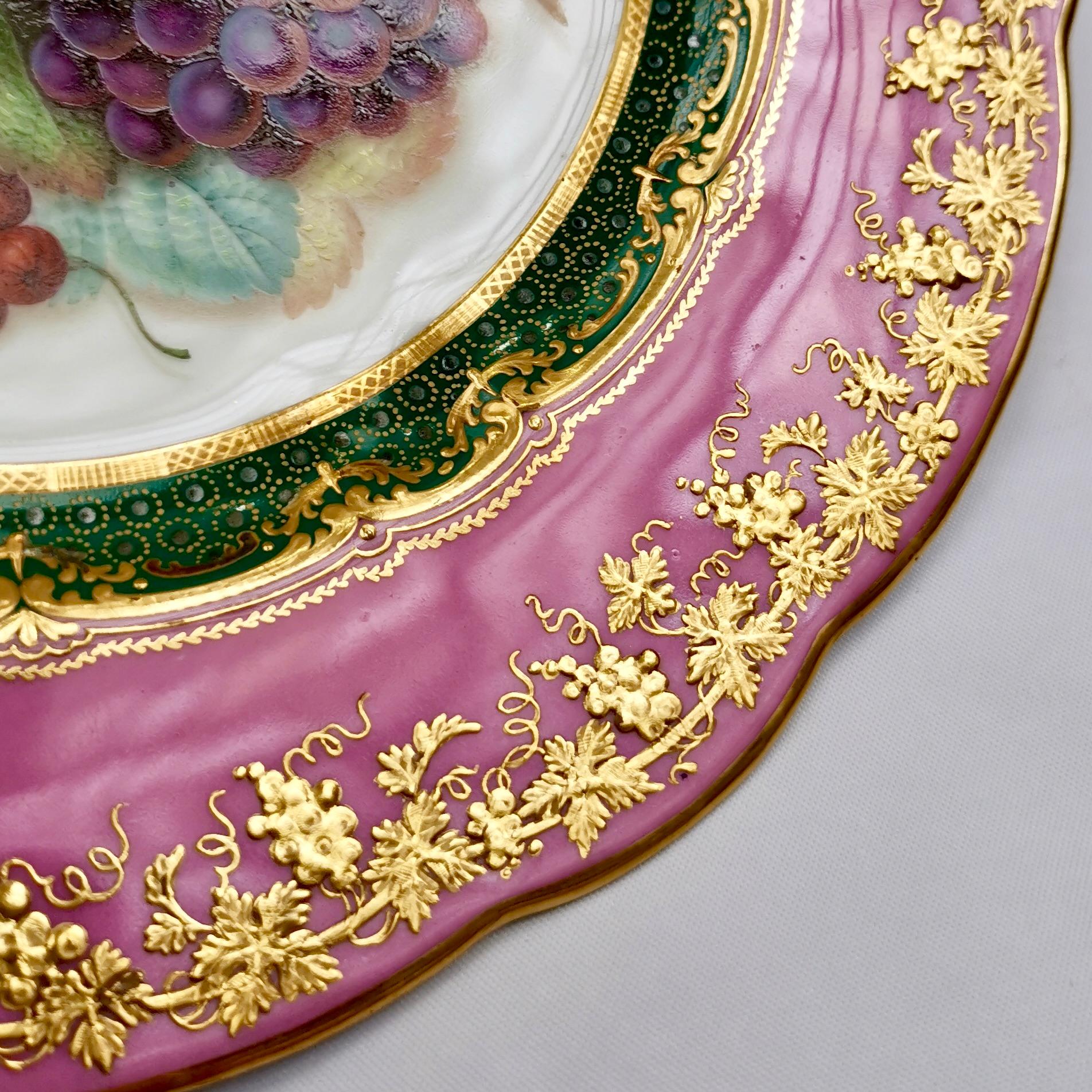 Hand-Painted Coalport Porcelain Plate, Rose Du Barry Pink, Fruits by Jabey Aston, circa 1870