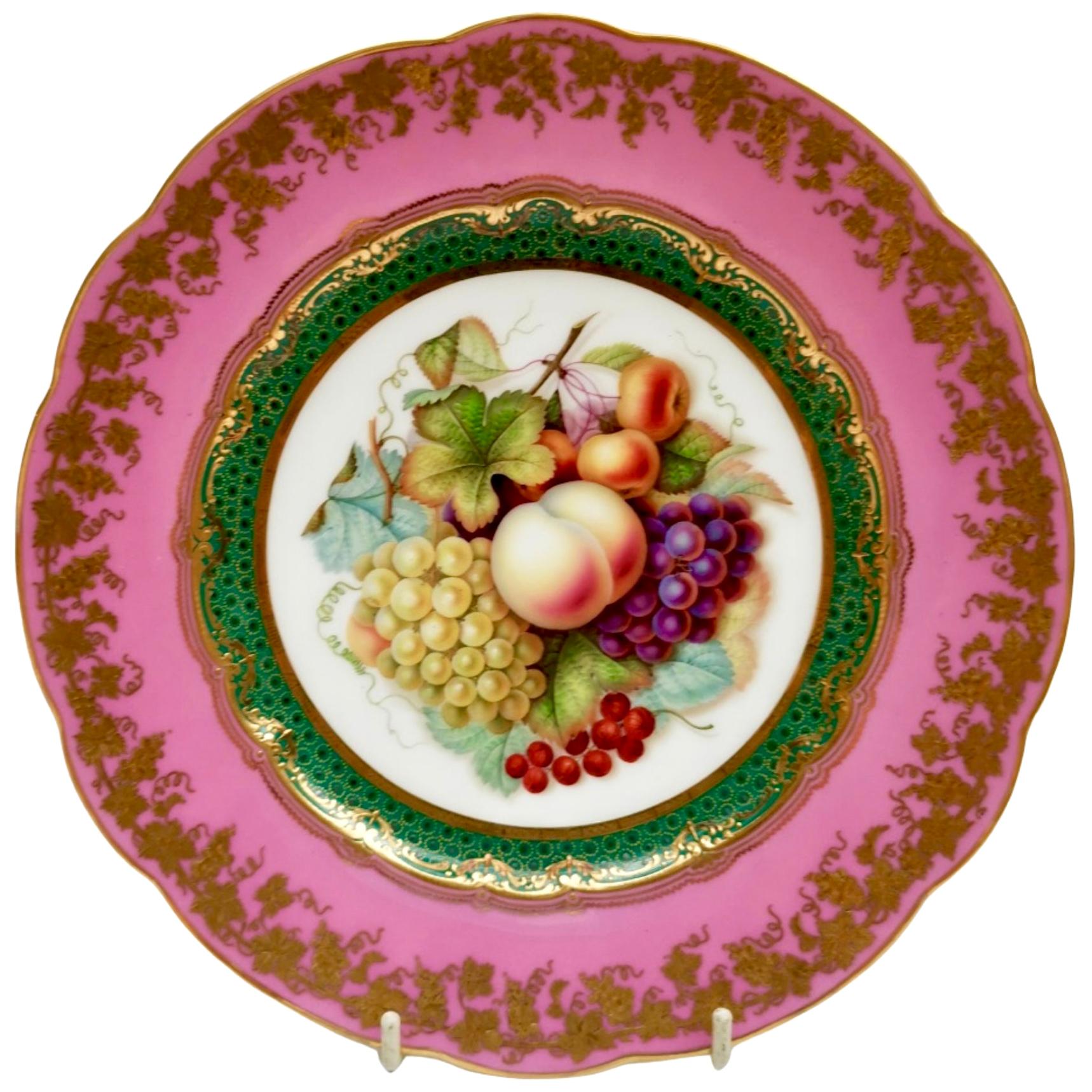 Coalport Porcelain Plate, Rose Du Barry Pink, Fruits by Jabey Aston, circa 1870