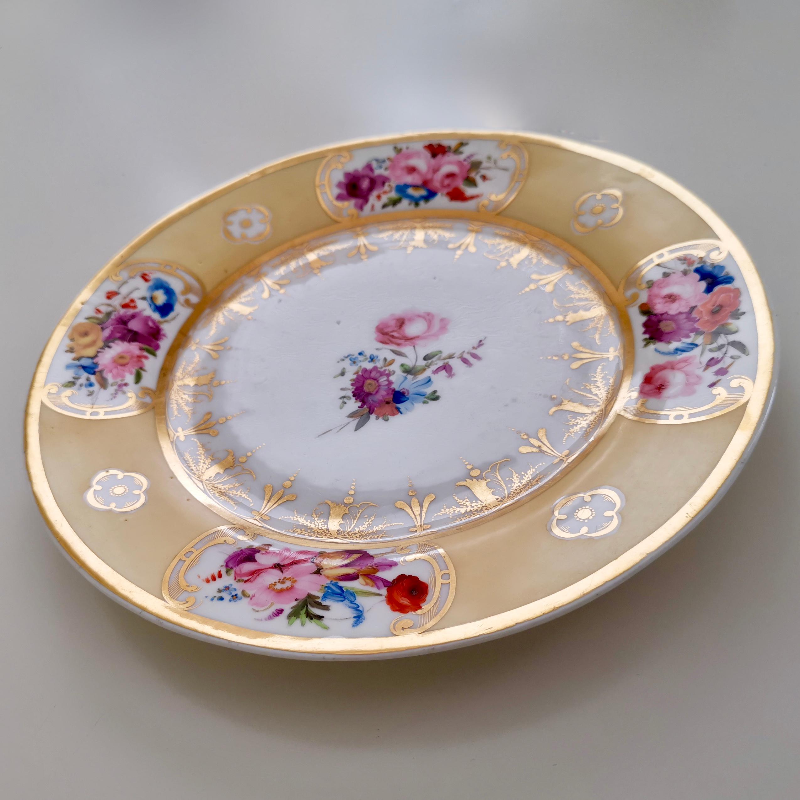 Porcelain Coalport Plate, Yellow Ground with Hand Painted Flowers, circa 1820
