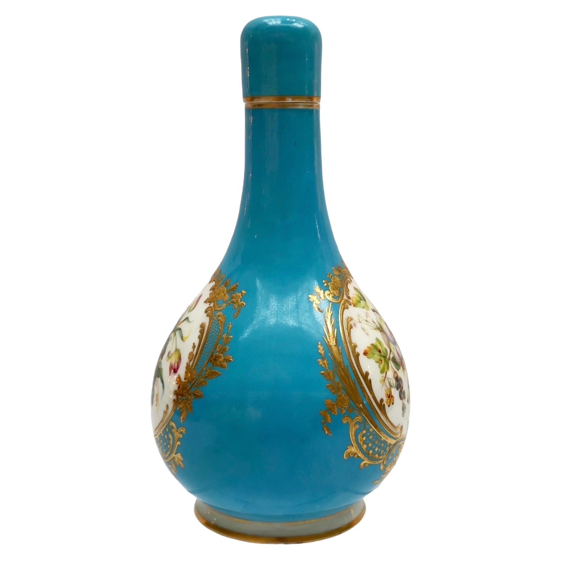 Victorian Coalport Porcelain Bottle Vase, Turquoise, Flowers by William Cook, circa 1855