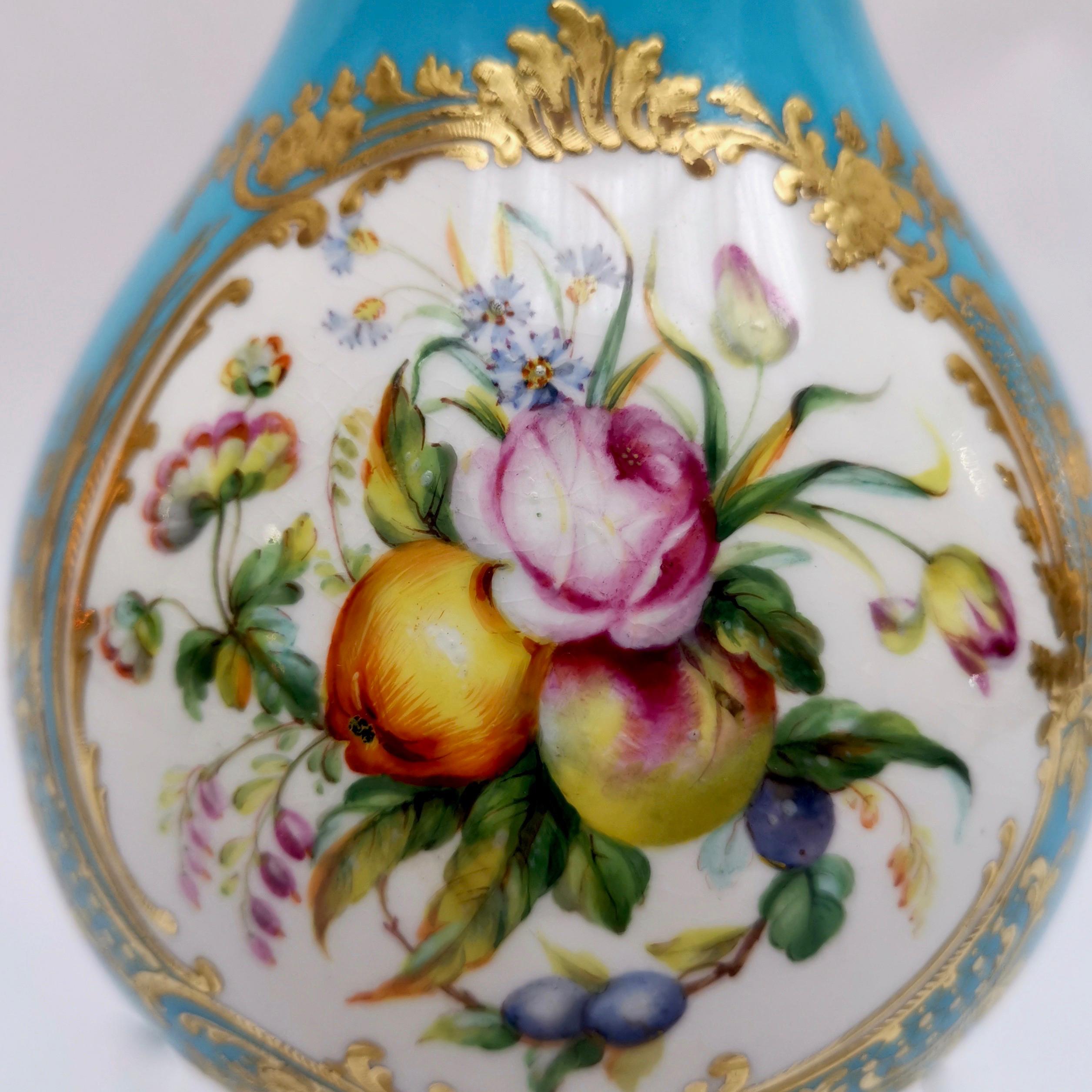 English Coalport Porcelain Bottle Vase, Turquoise, Flowers by William Cook, circa 1855