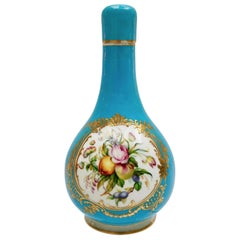 Antique Coalport Porcelain Bottle Vase, Turquoise, Flowers by William Cook, circa 1855