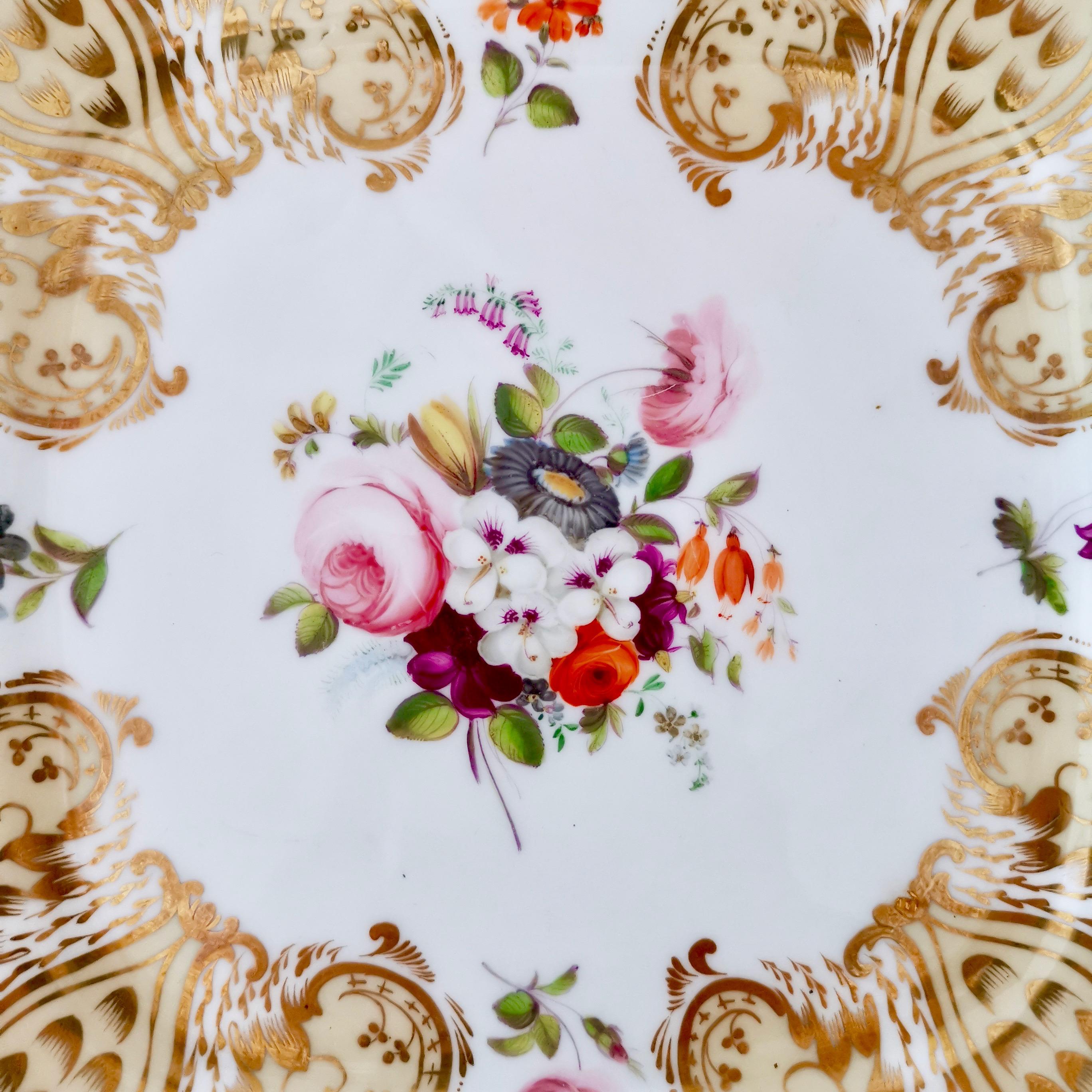 Victorian Coalport Porcelain Cake Plate, Beige and Gilt, Flowers by Thomas Dixon, 1837