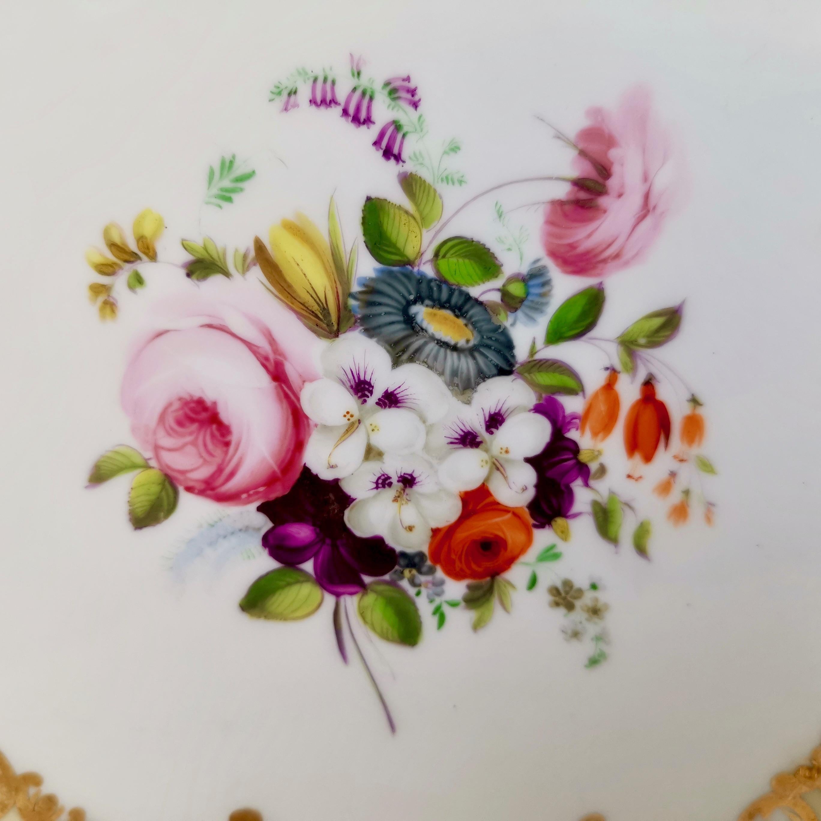 English Coalport Porcelain Cake Plate, Beige and Gilt, Flowers by Thomas Dixon, 1837