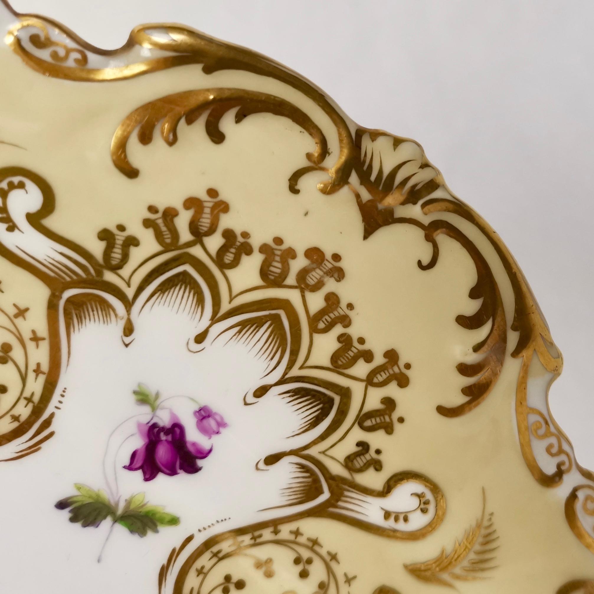 Hand-Painted Coalport Porcelain Cake Plate, Beige and Gilt, Flowers by Thomas Dixon, 1837