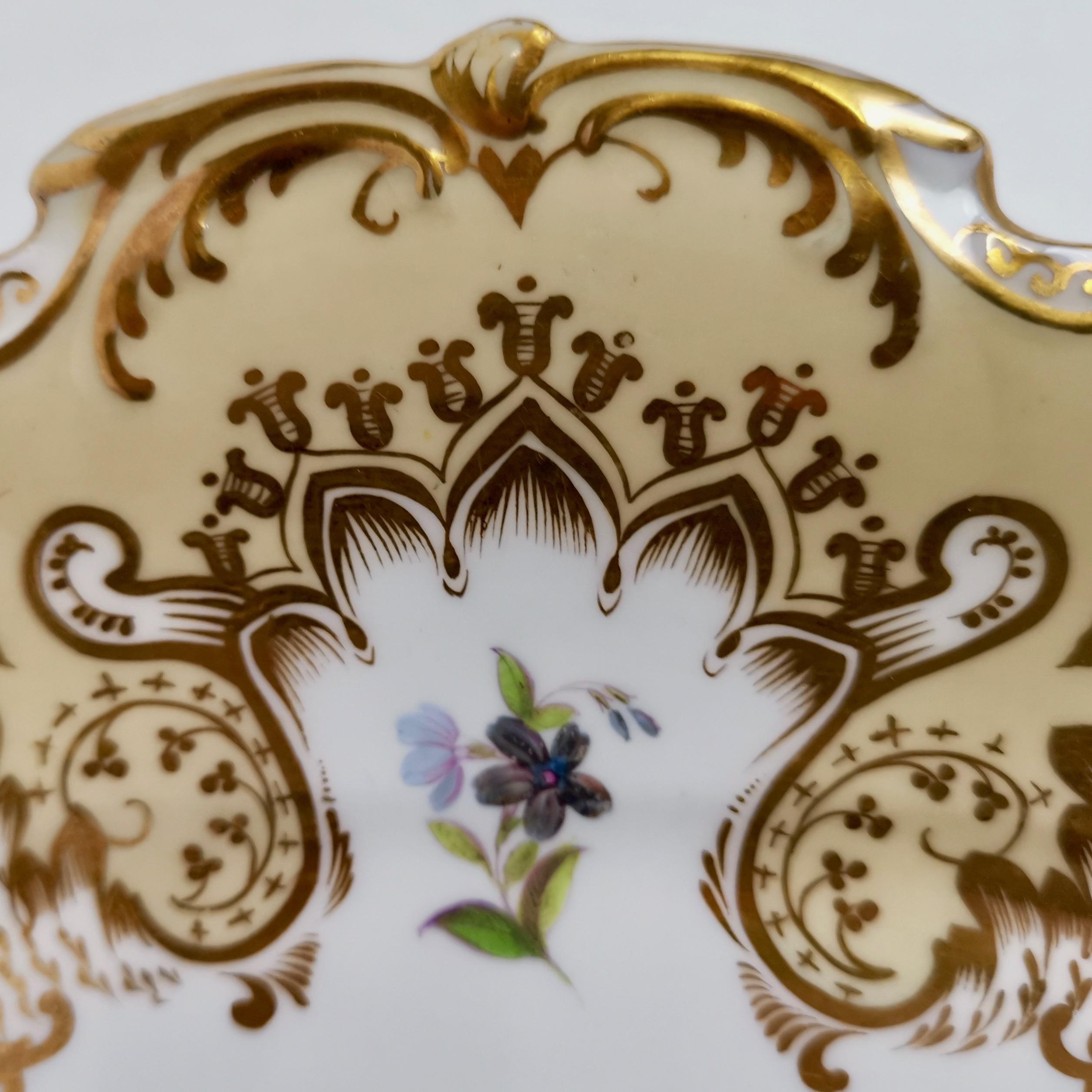 Coalport Porcelain Cake Plate, Beige and Gilt, Flowers by Thomas Dixon, 1837 1