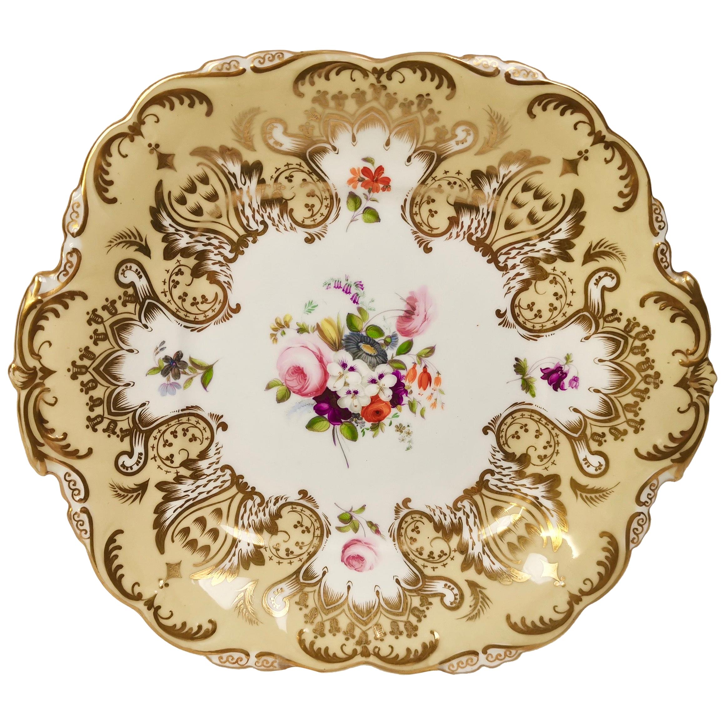 Coalport Porcelain Cake Plate, Beige and Gilt, Flowers by Thomas Dixon, 1837