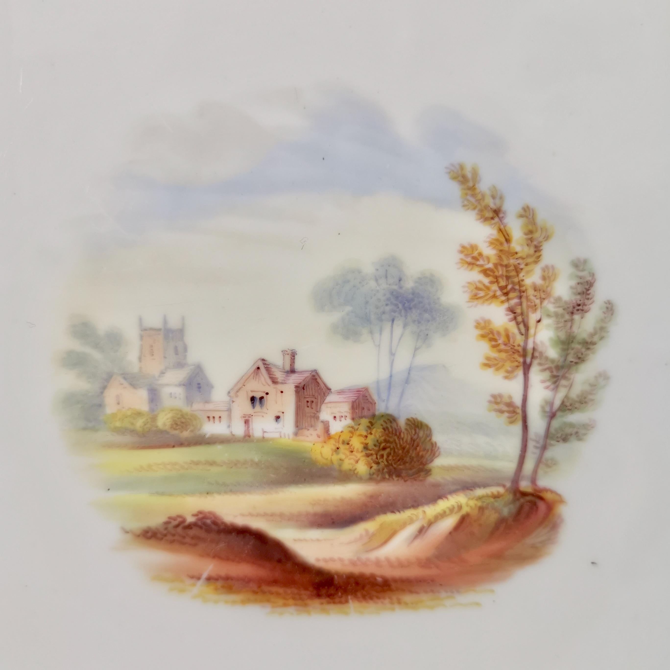 English Coalport Porcelain Cake Plate, Beige with Landscapes, Rococo Revival, ca 1840