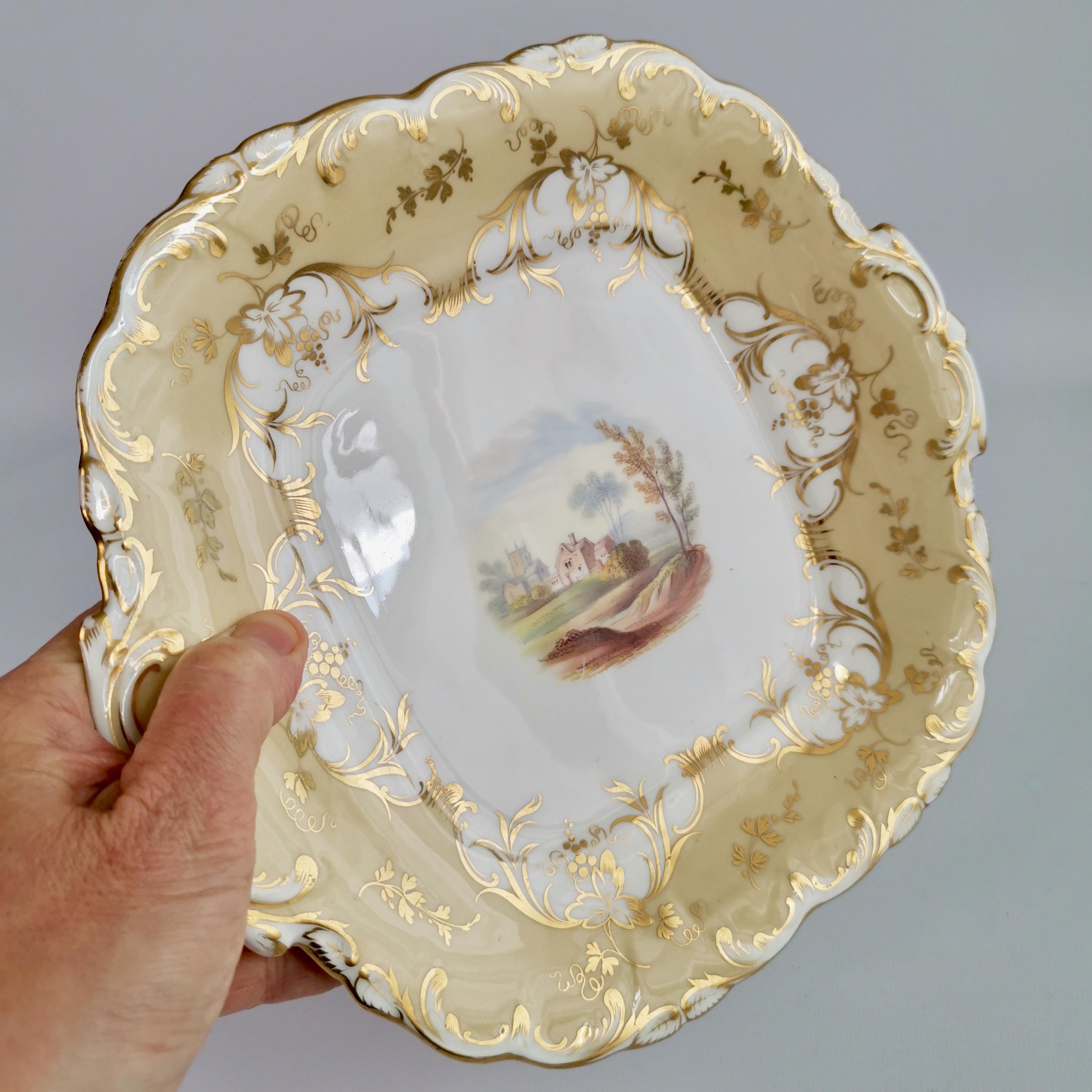 Hand-Painted Coalport Porcelain Cake Plate, Beige with Landscapes, Rococo Revival, ca 1840