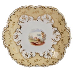 Coalport Porcelain Cake Plate, Beige with Landscapes, Rococo Revival, ca 1840