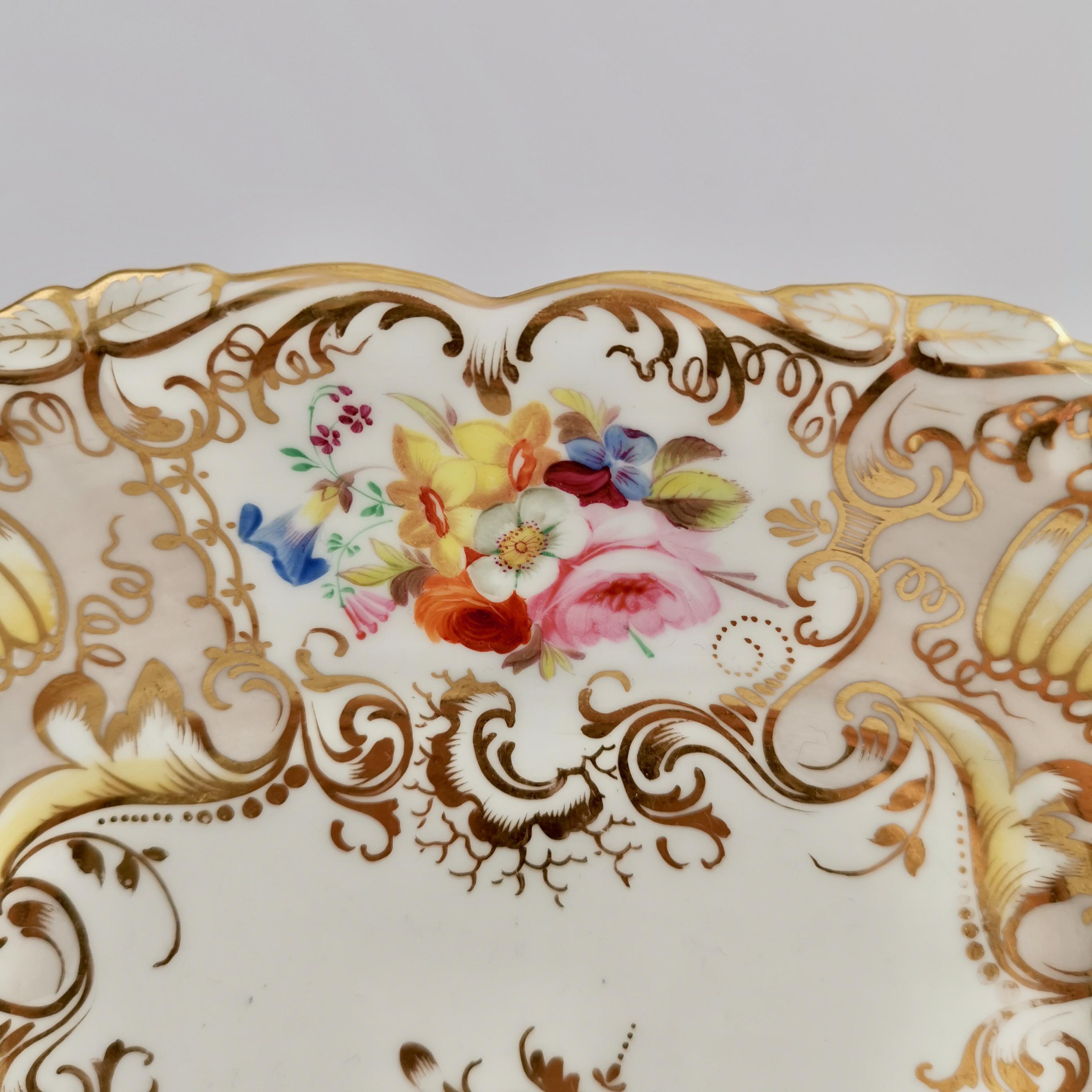 Hand-Painted Coalport Porcelain Cake Plate, Gilt, Flowers Attr. T. Dixon, Rococo Revival 1834