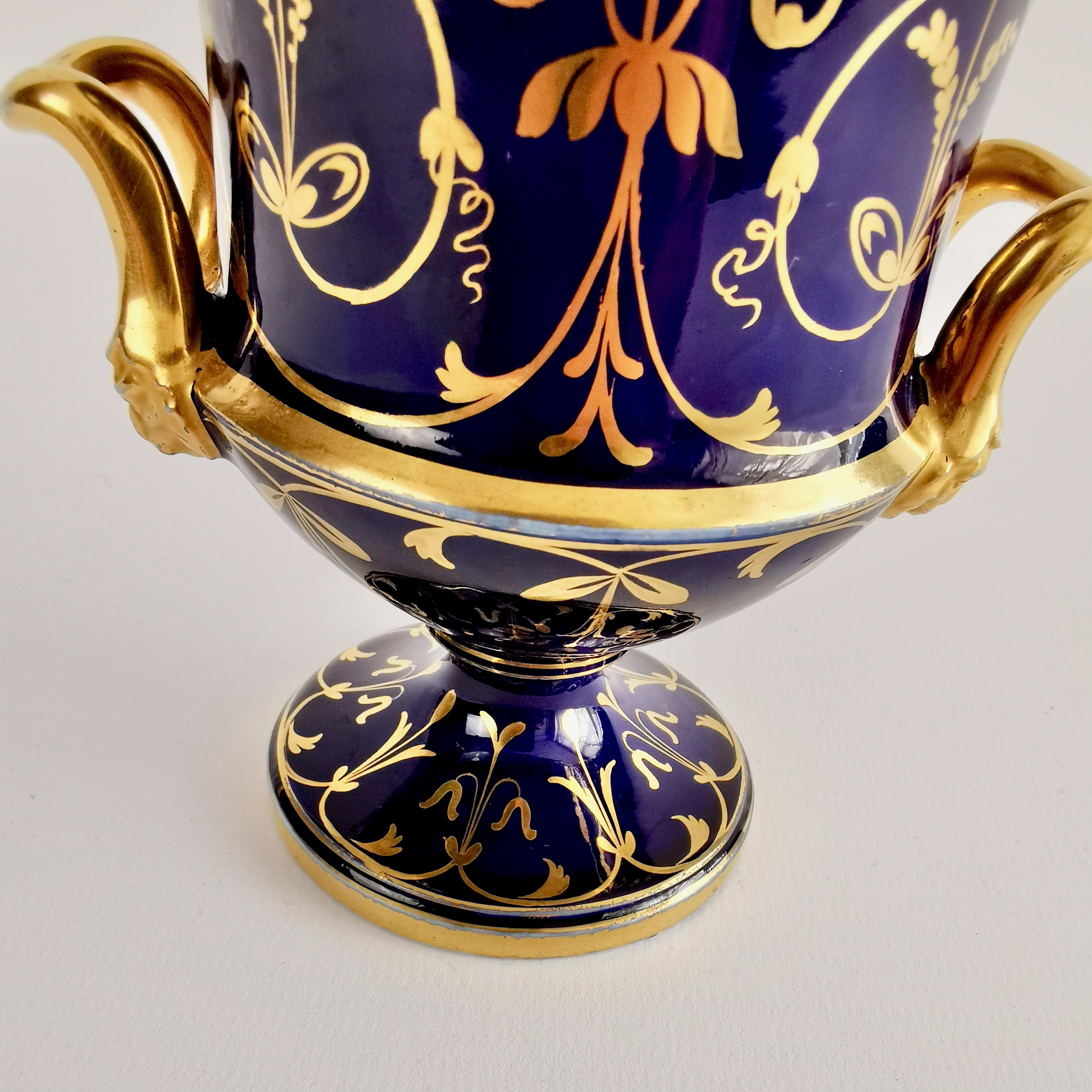 Coalport Porcelain Campana Vase, Cobalt Blue, Gilt and Flowers, Regency ca 1815 2