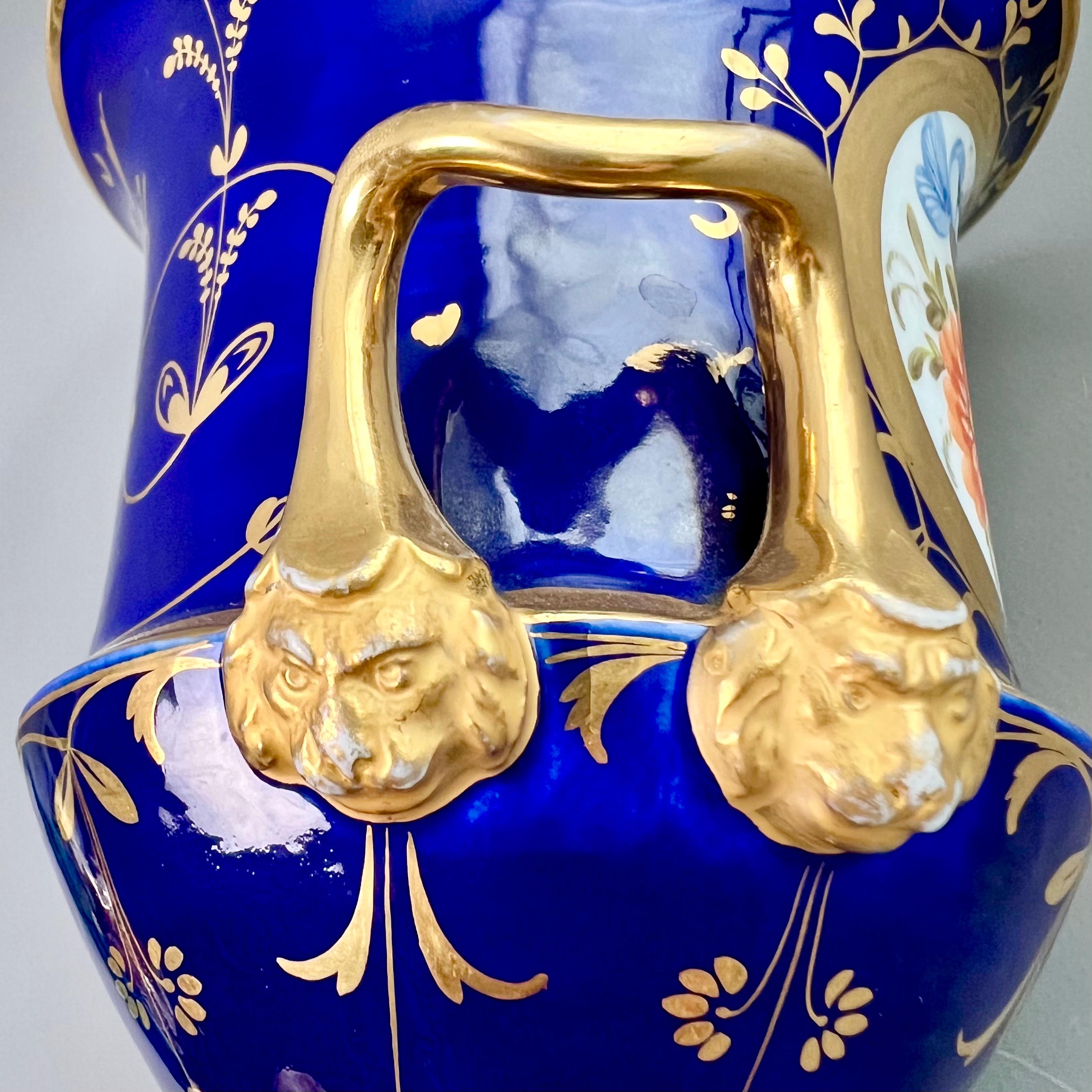 Coalport Porcelain Campana Vase, Cobalt Blue, Gilt and Flowers, Regency ca 1815 4