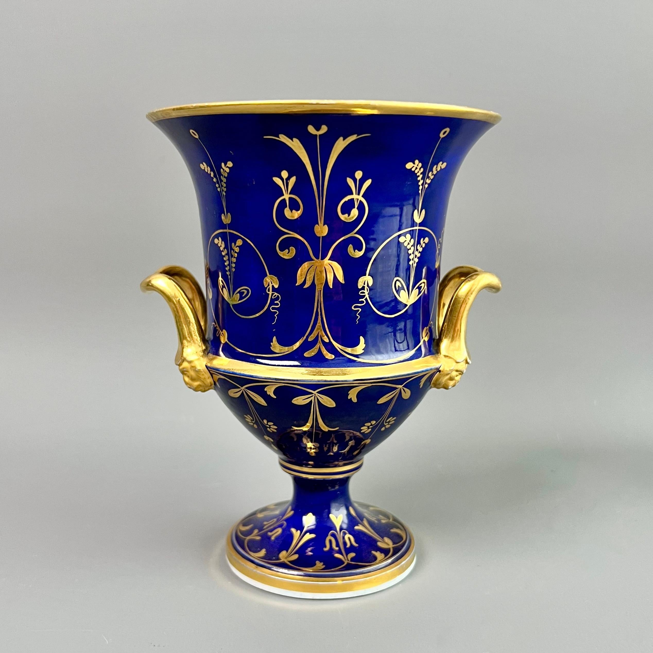 English Coalport Porcelain Campana Vase, Cobalt Blue, Gilt and Flowers, Regency ca 1815