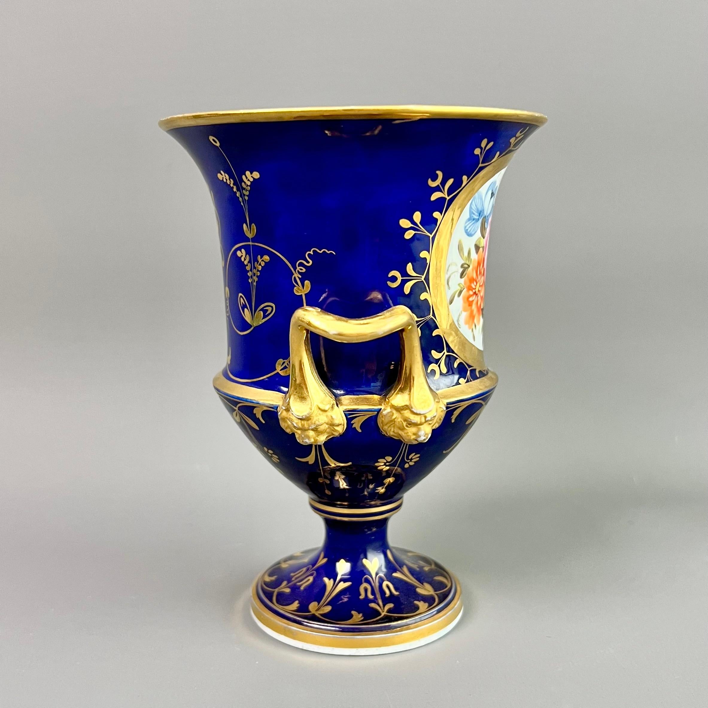 Hand-Painted Coalport Porcelain Campana Vase, Cobalt Blue, Gilt and Flowers, Regency ca 1815
