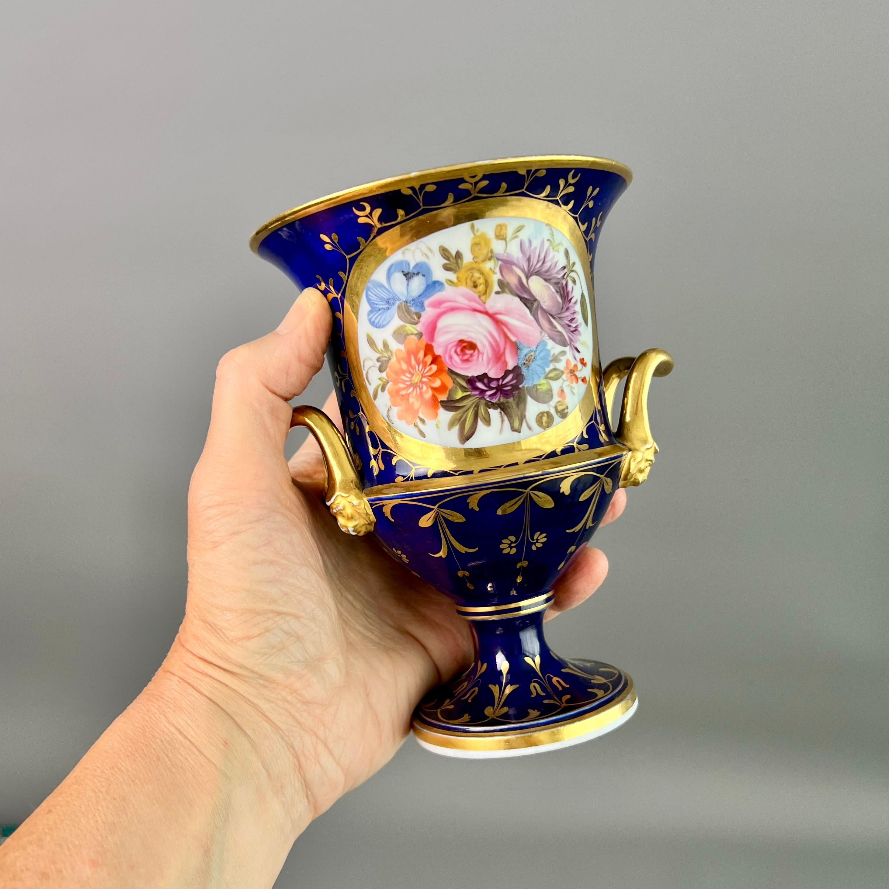 Coalport Porcelain Campana Vase, Cobalt Blue, Gilt and Flowers, Regency ca 1815 In Good Condition In London, GB