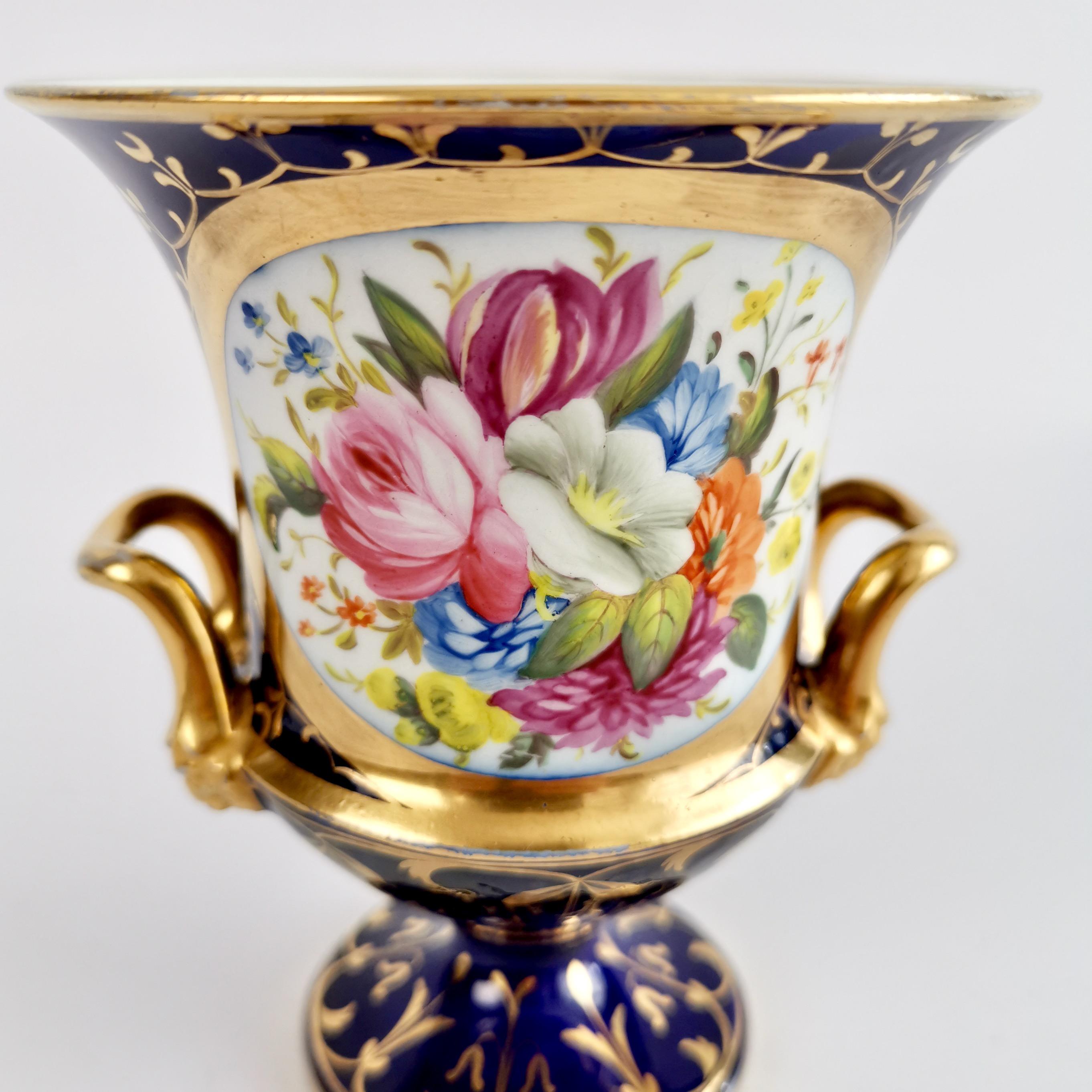 Hand-Painted Coalport Porcelain Campana Vase, Cobalt Blue, Gilt and Flowers, Regency ca 1815