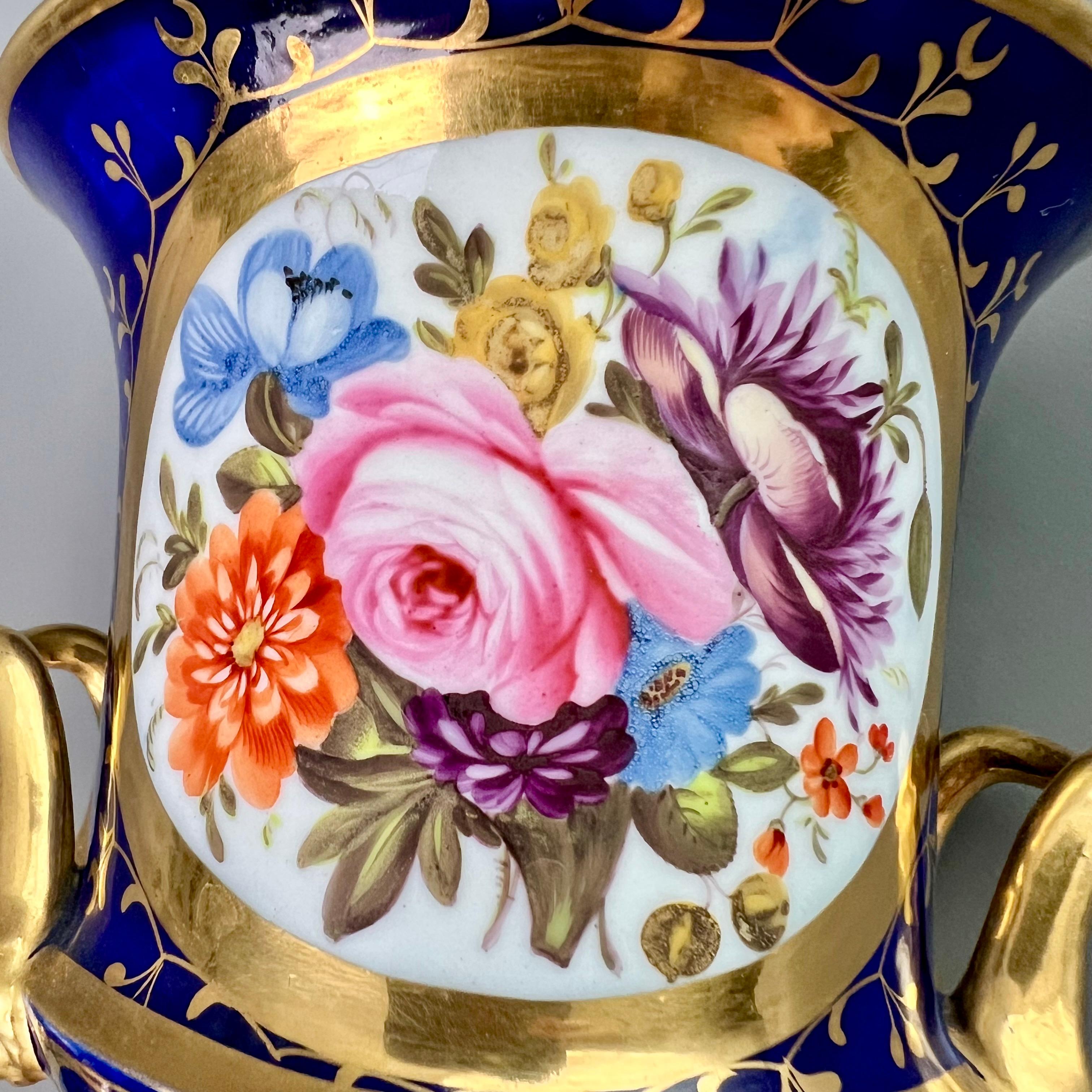 Early 19th Century Coalport Porcelain Campana Vase, Cobalt Blue, Gilt and Flowers, Regency ca 1815
