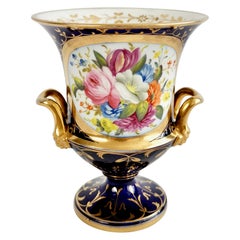 Antique Coalport Porcelain Campana Vase, Cobalt Blue, Gilt and Flowers, Regency ca 1815