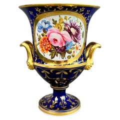 Coalport Porcelain Campana Vase, Cobalt Blue, Gilt and Flowers, Regency ca 1815
