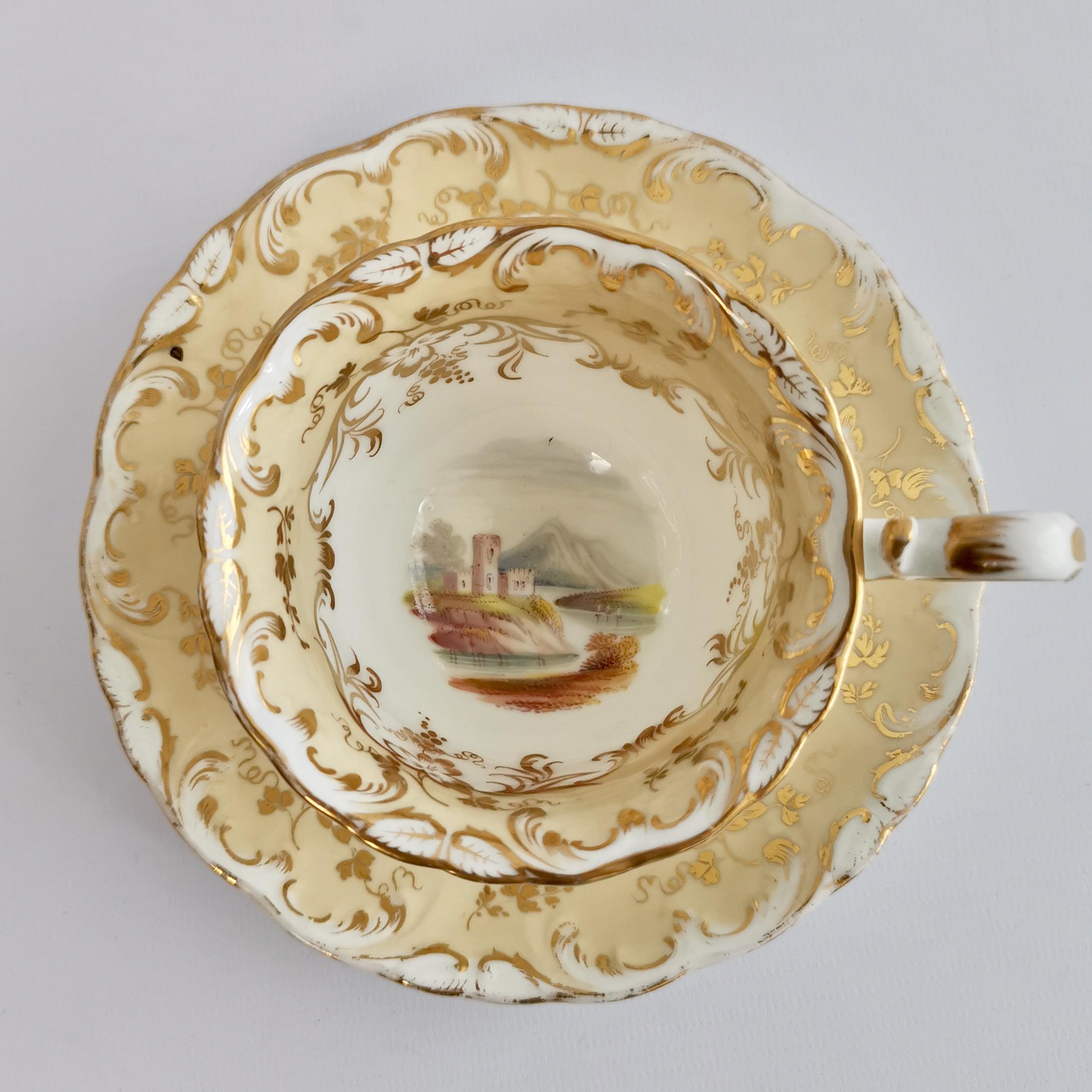 English Coalport Porcelain Coffee Cup, Beige with Landscapes, Rococo Revival, ca 1840